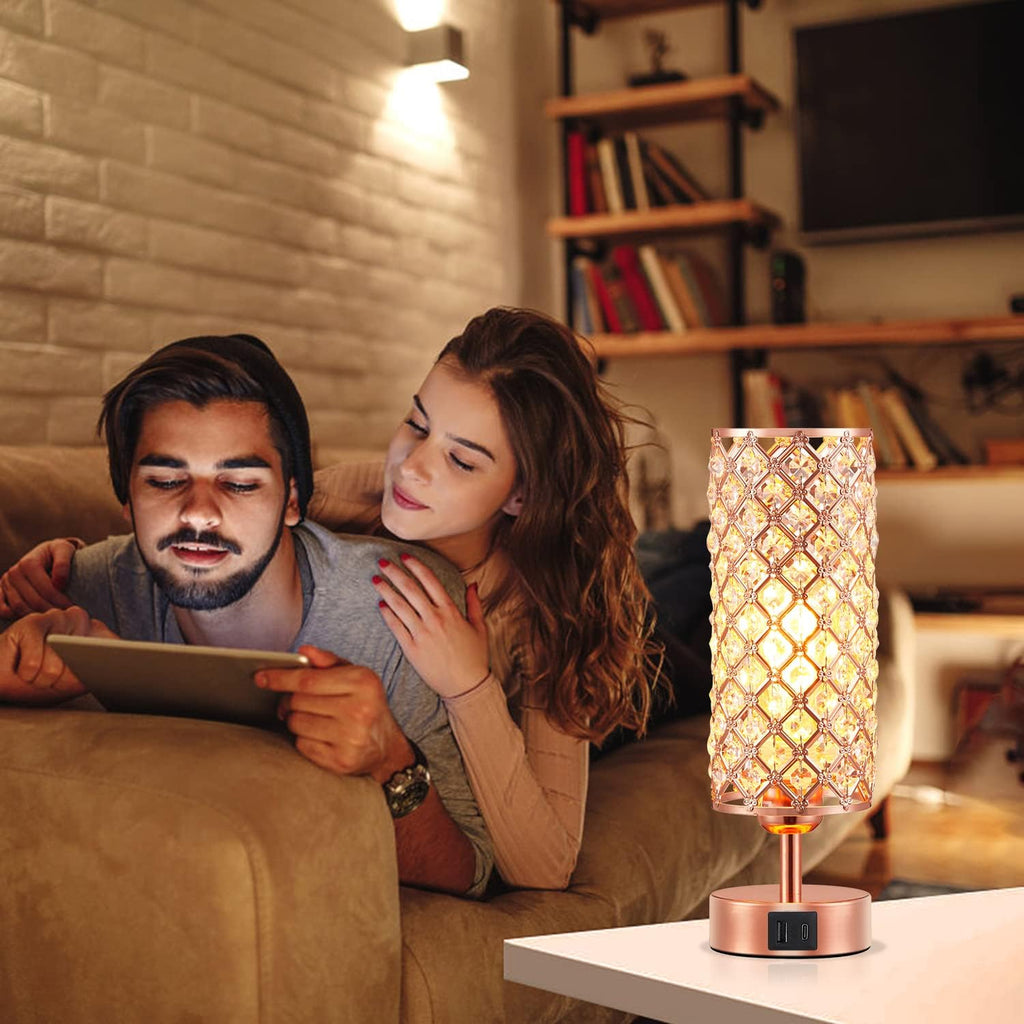 Hong-in Crystal Table Lamp - 3-Way Dimmable Touch Control, Rose Gold Bedside Lamp with USB C and A Ports, Nightstand Light for Living…