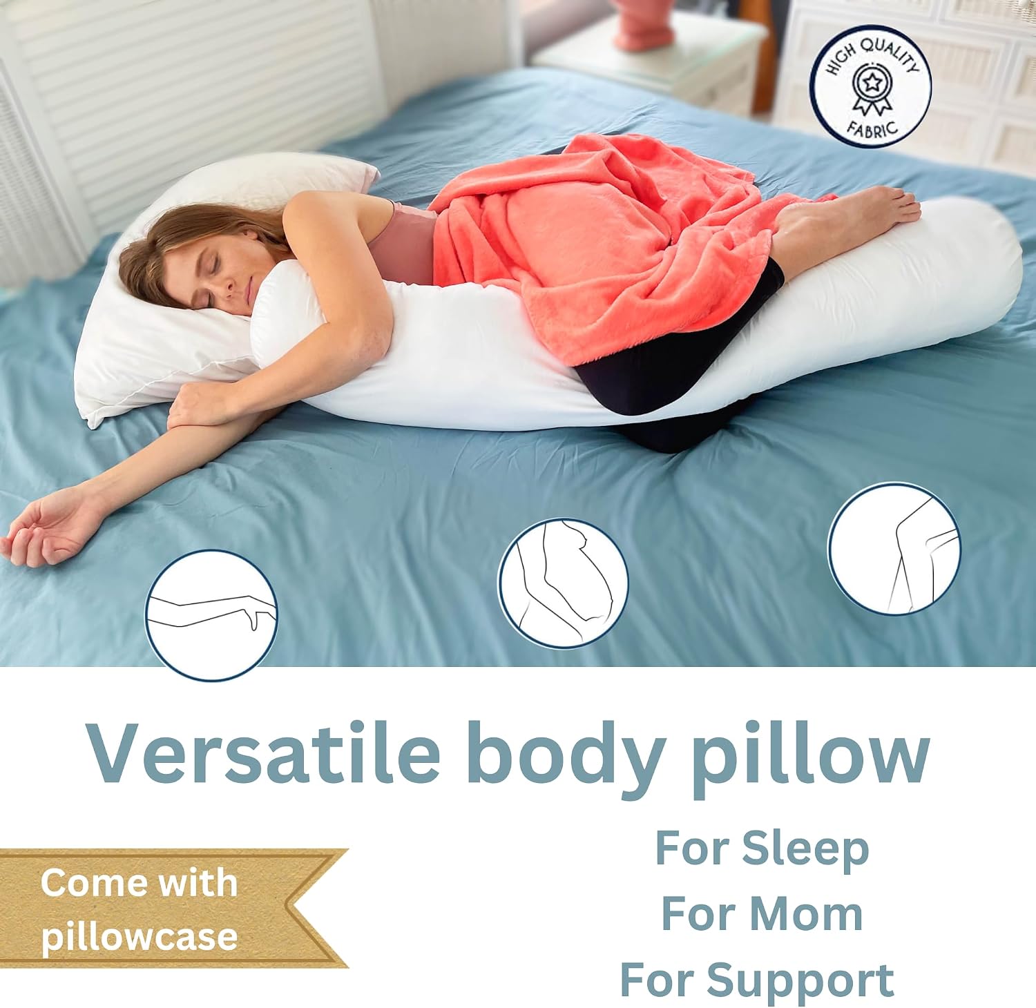Pillowable 8” x 48” Round Body Pillow - Adjustable Bolster Pillow for Bed with Removable Cover - Body roll Pillow Maternity Pillow - White…