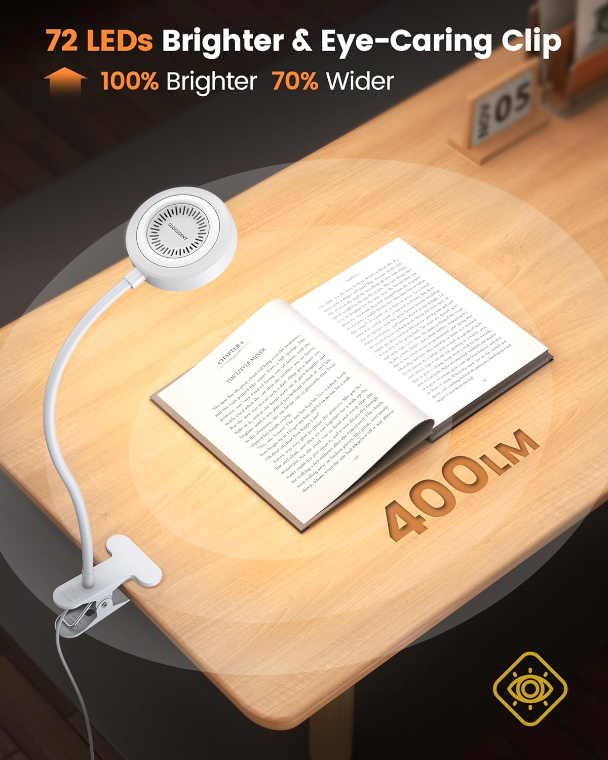 Glocusent 72 LED Clip on Lamp with Remote, Reading Light with Amber Ring, 3 Colors & 5 Dimmable Bed Lamp, 30/60-Min Auto Off Timer, Clamp…