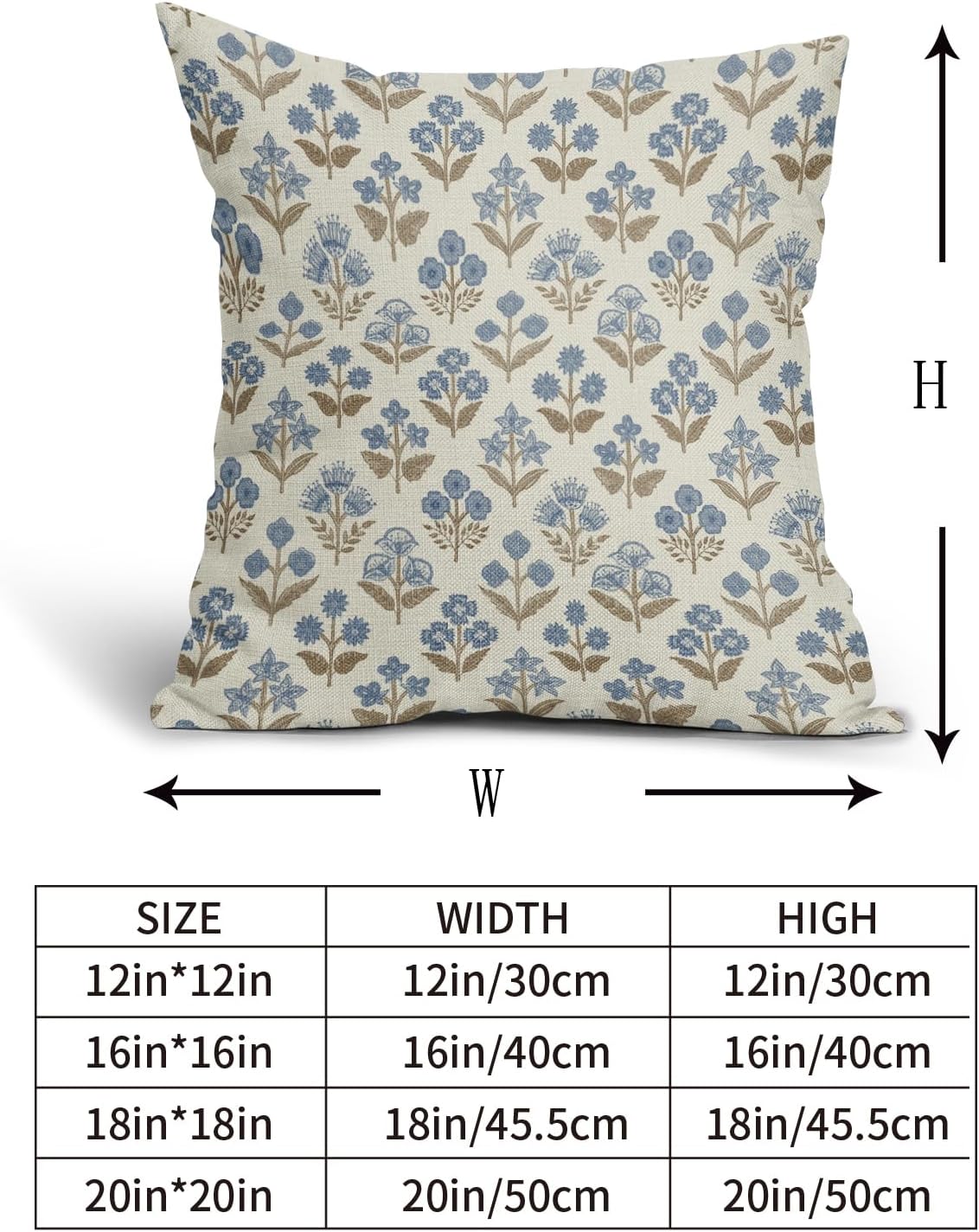 Brown Blue Floral Block Print Pillow Covers 16x16 Inch Set of 2, Vintage Flower Pattern Decorative Throw Pillowcases Outdoor Farmhouse…