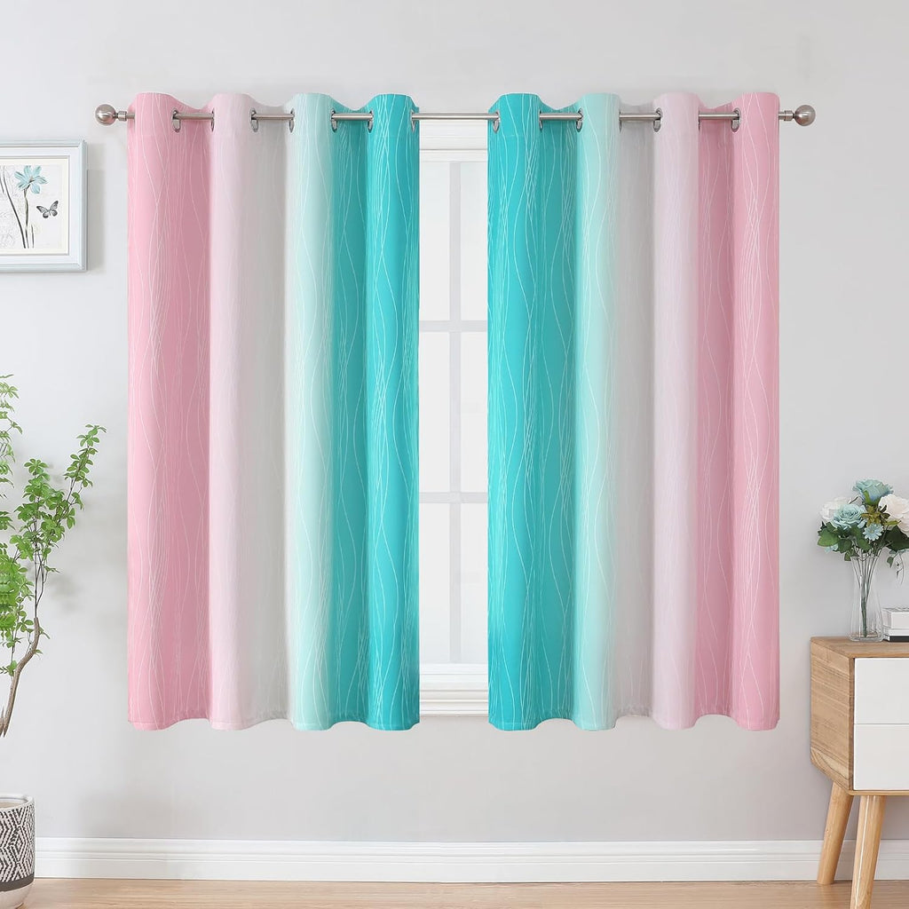 Estelartextiler Estelar Textiler Pink and Teal Blackout Curtains 54 Inch Length, Full Light Blocking Gradient Grommet Drapes for Living Roo…