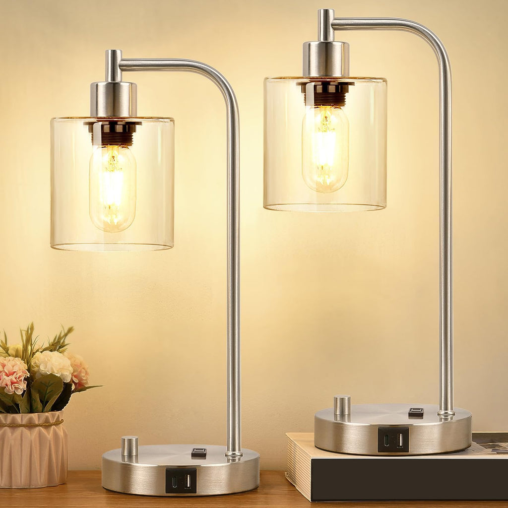 Set of 2 Industrial Table Lamps with USB C+A Ports and Outlet, Brushed Nickle Fully Stepless Dimmable Bedside Lamps, Nightstand Lamp with…