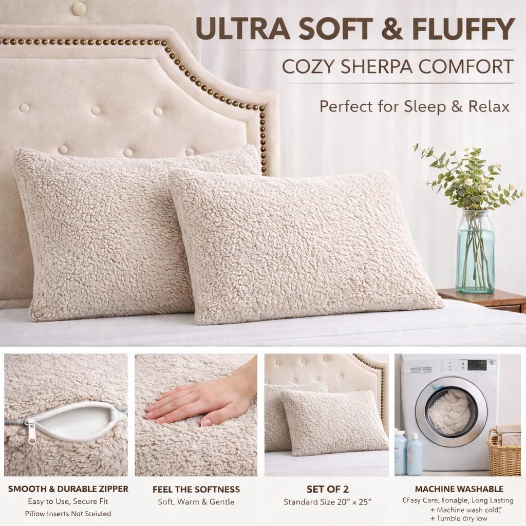 Reafort Sherpa Pillowcases Set of 2, Plush Fleece Standard Pillow Covers 20" x 26" with Zipper Closure, Fluffy Ultra Soft Cozy Pillowcases…