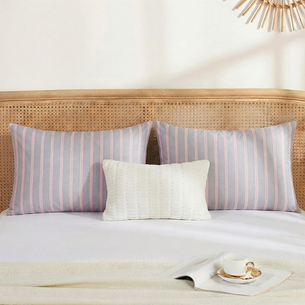 Merryword Queen Size Pillowcases, 100% Cotton Pillow Cases, Gray and Pink Striped Pillowcases, Luxury Linen Like Pillowcase, Soft Breathabl…
