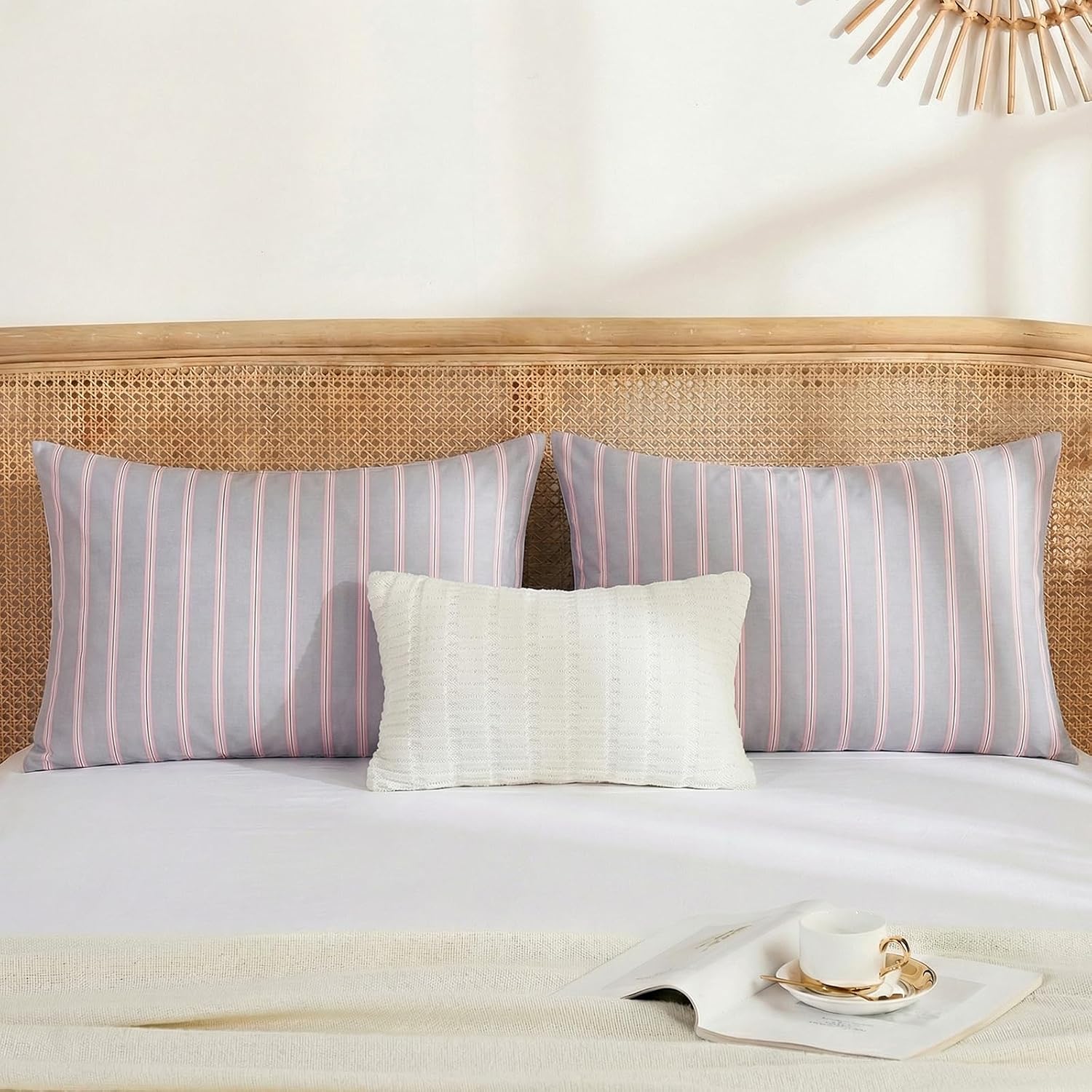 Merryword King Size Pillowcases, 100% Cotton Pillow Cases, Gray and Pink Striped Pillowcases, Soft Breathable Wide Stripes Pillow Covers, S…