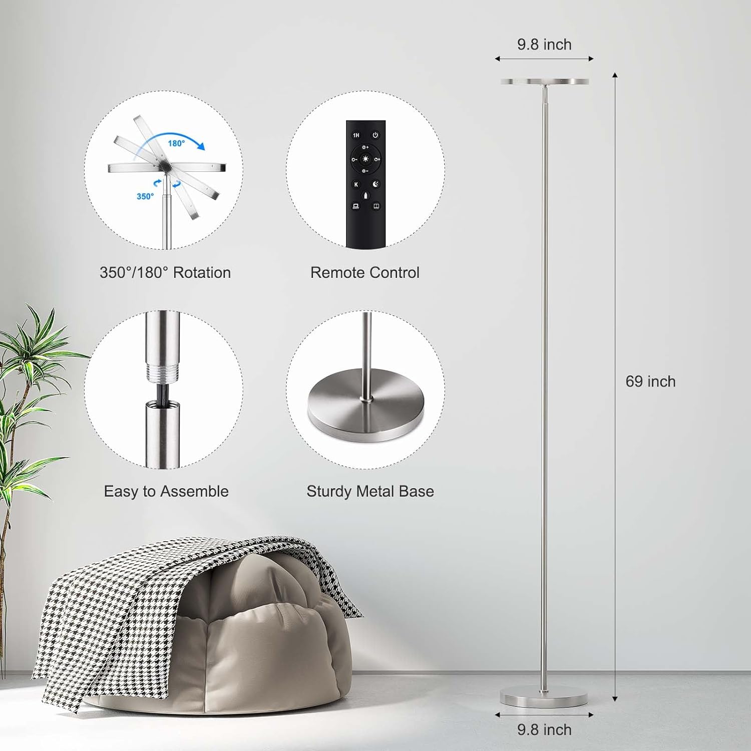 Sunmory Floor Lamps for Living Room, 32W/3000LM Super Bright LED Floor Lamp with Remote Control, 69" Tall Standing Lamp with Stepless Dimma…