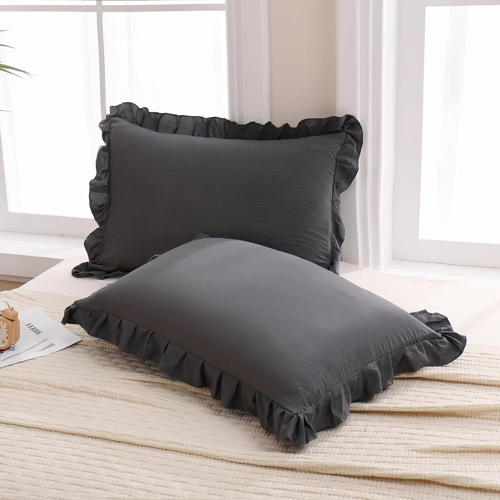 Merryword Dark Gray Pillow Shams Reversible Pillowcases Cute Pillow Cover Set of 2 Soft Shabby Chic Ruffled Pillowcases 2 Pack (Queen (20''…