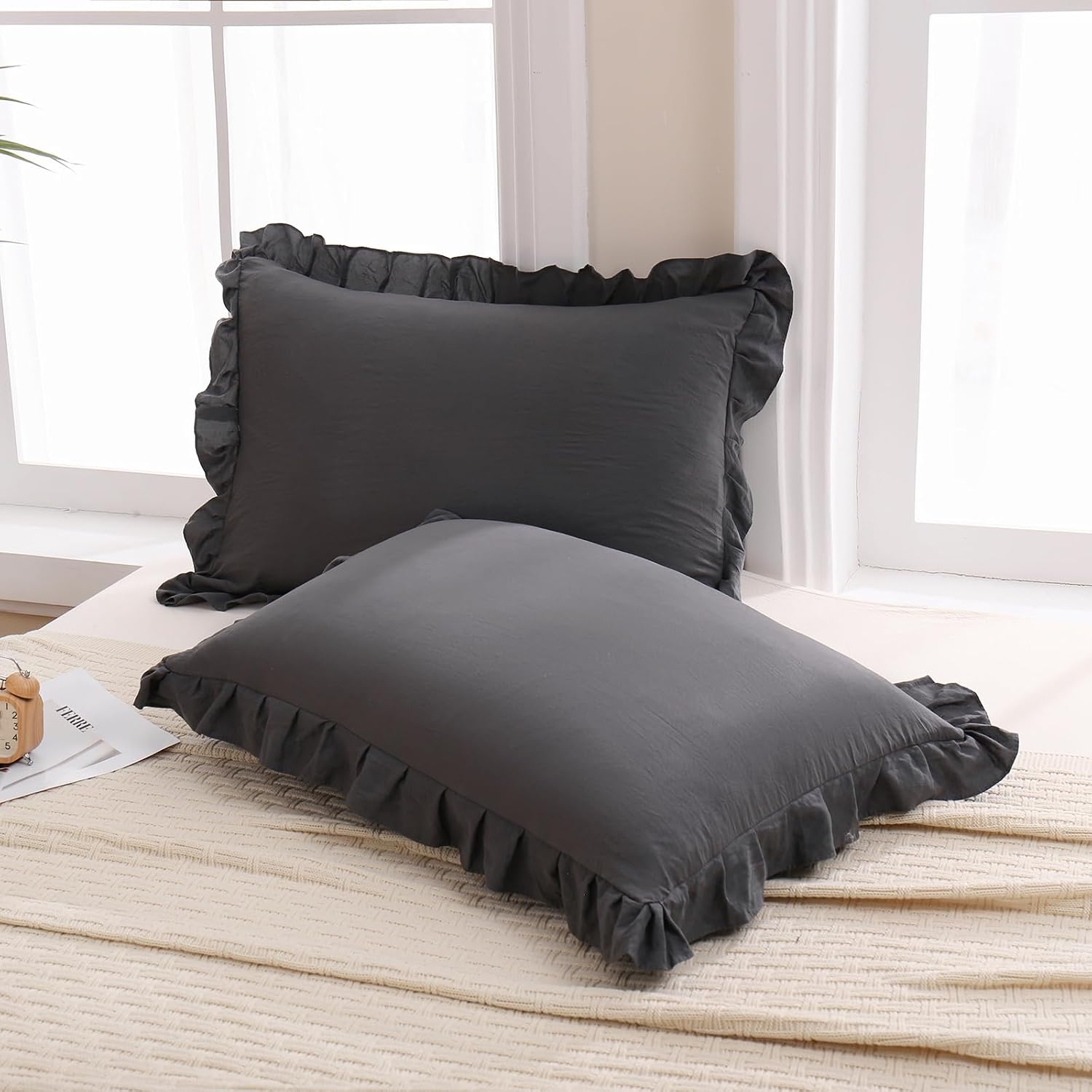 Merryword Dark Gray Pillow Shams Reversible Pillowcases Cute Pillow Cover Set of 2 Soft Shabby Chic Ruffled Pillowcases 2 Pack (Queen (20''…