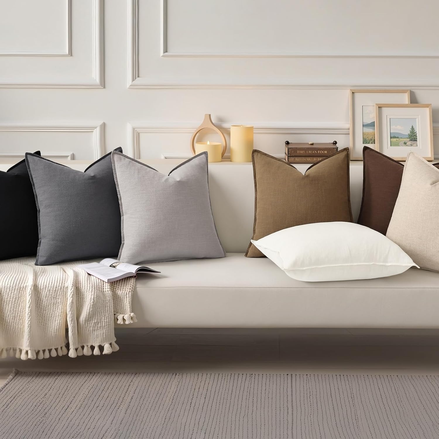 decorUhome Summer Decorative Linen Euro Sham Throw Pillow Covers 26x26 Inch Set of 2 Light Grey Pillow Covers with Flange Edges Soft Farmho…