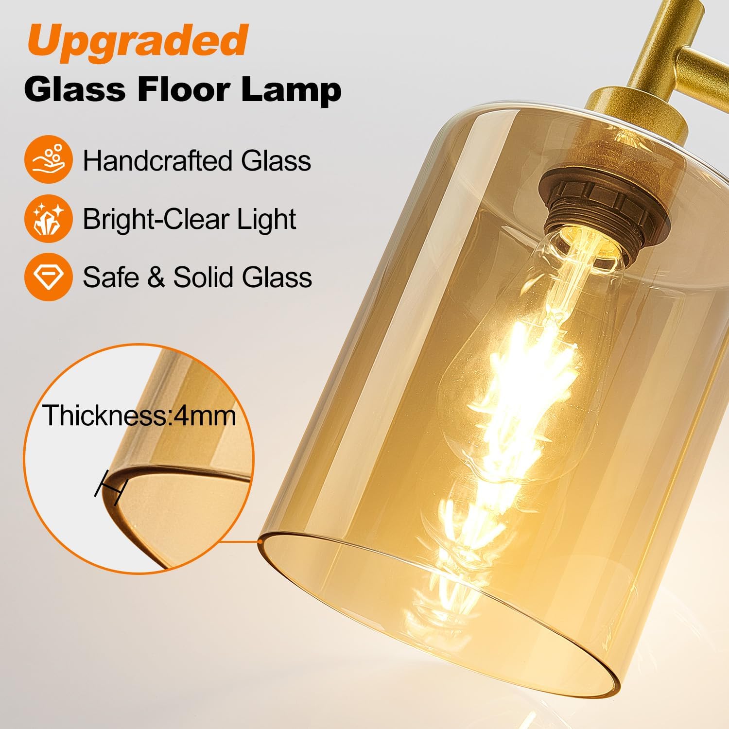Upgraded】Gold Dimmable Floor Lamp for Living Room with Amber Glass Lampshade, Glass Modern Floor Lamp with 900LM Bulb Included, Bright…