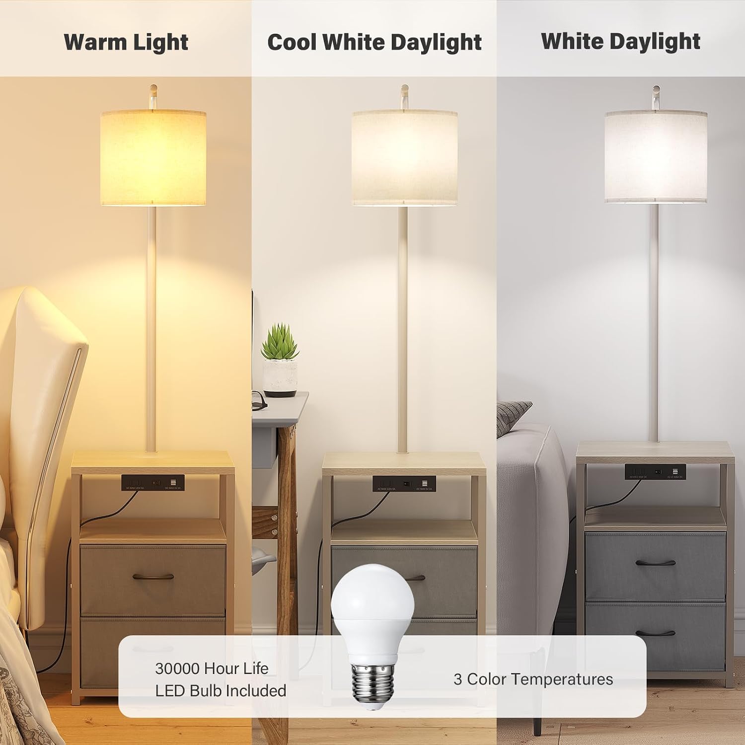 SUNMORY Floor Lamp with Table & 2 Drawers, Lamp with USB Port and Outlet, Lamps for Nightstand with 3 Color Temperature Led Bulb…