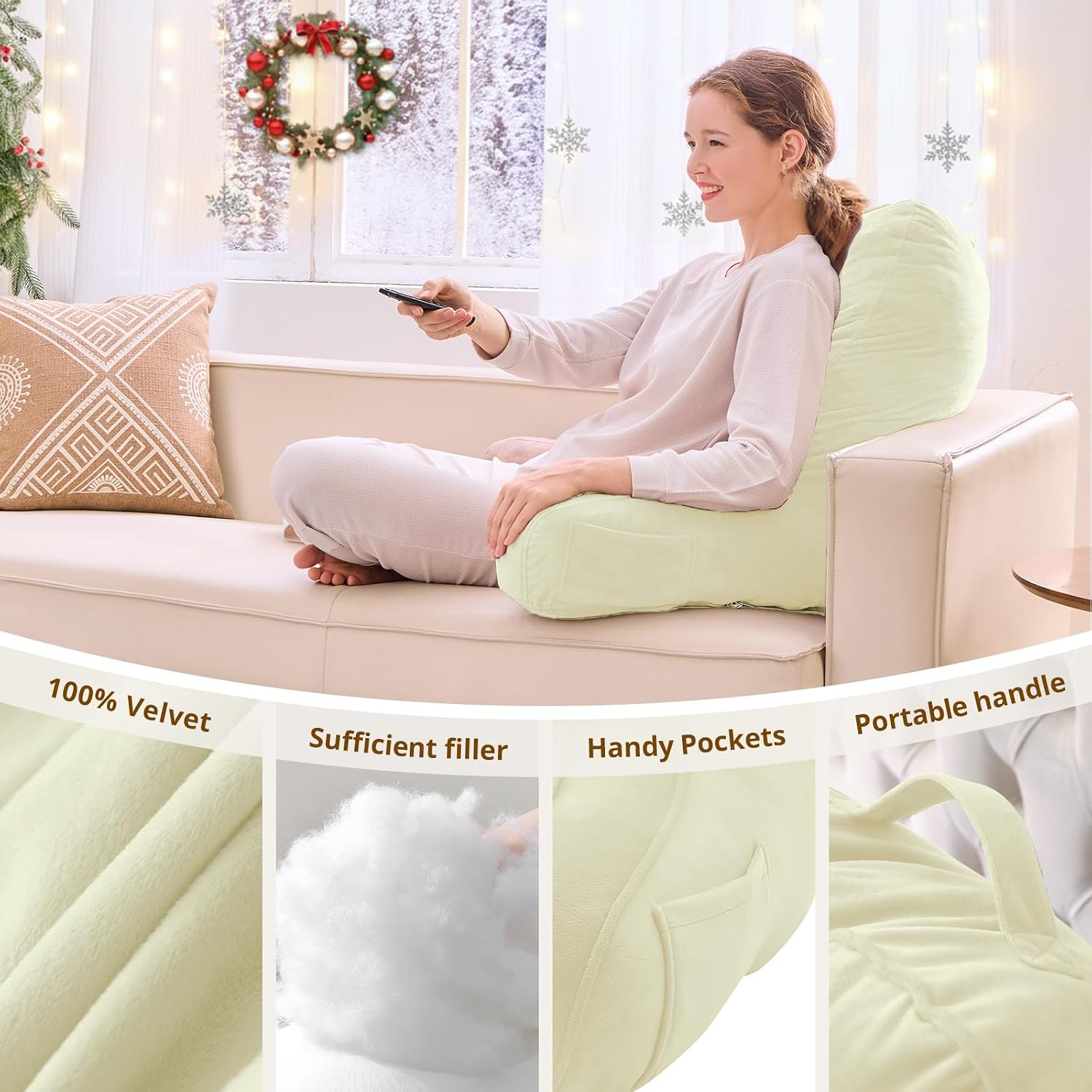 Sasttie Reading Pillow for Bed - 23 Inch, Back Pillow for Bed Sitting Up, Back-Rest Support Cushion with Side Pockets and Arms, Dorm Essent…