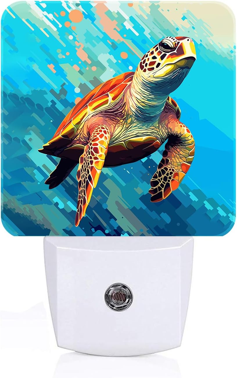 Watercolor Wild Turtle Night Light, Plug Into Wall for Boys Girls Bedroom Decorative Square Night Light Lamp 0.5w Sleep Friendly