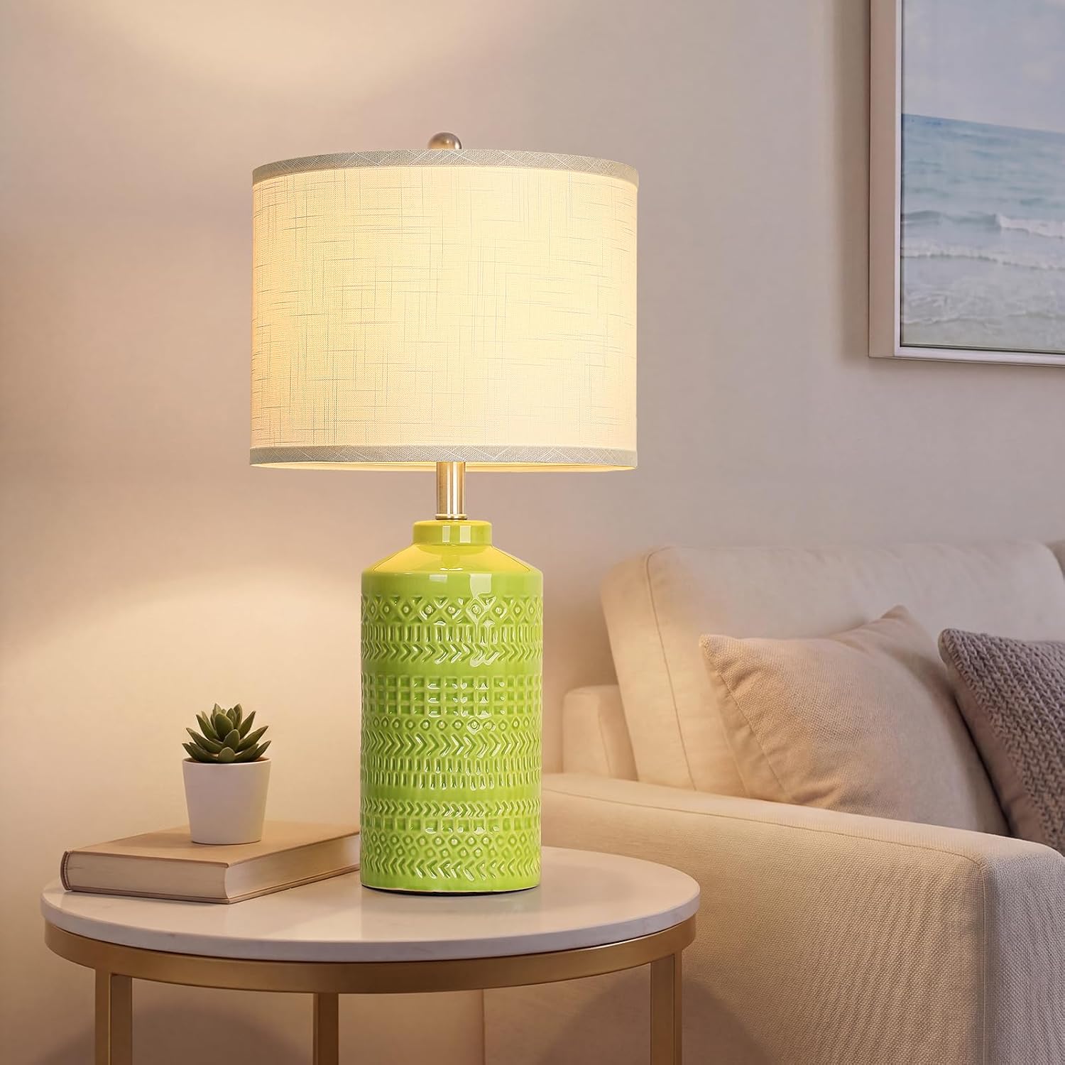 JUNNAI Light Green Ceramic Table Lamp 25 inch 3-Way Dimmable Nightstand Lamp with White Linen Shade Bedside Lamp for Living Room Bedroom…
