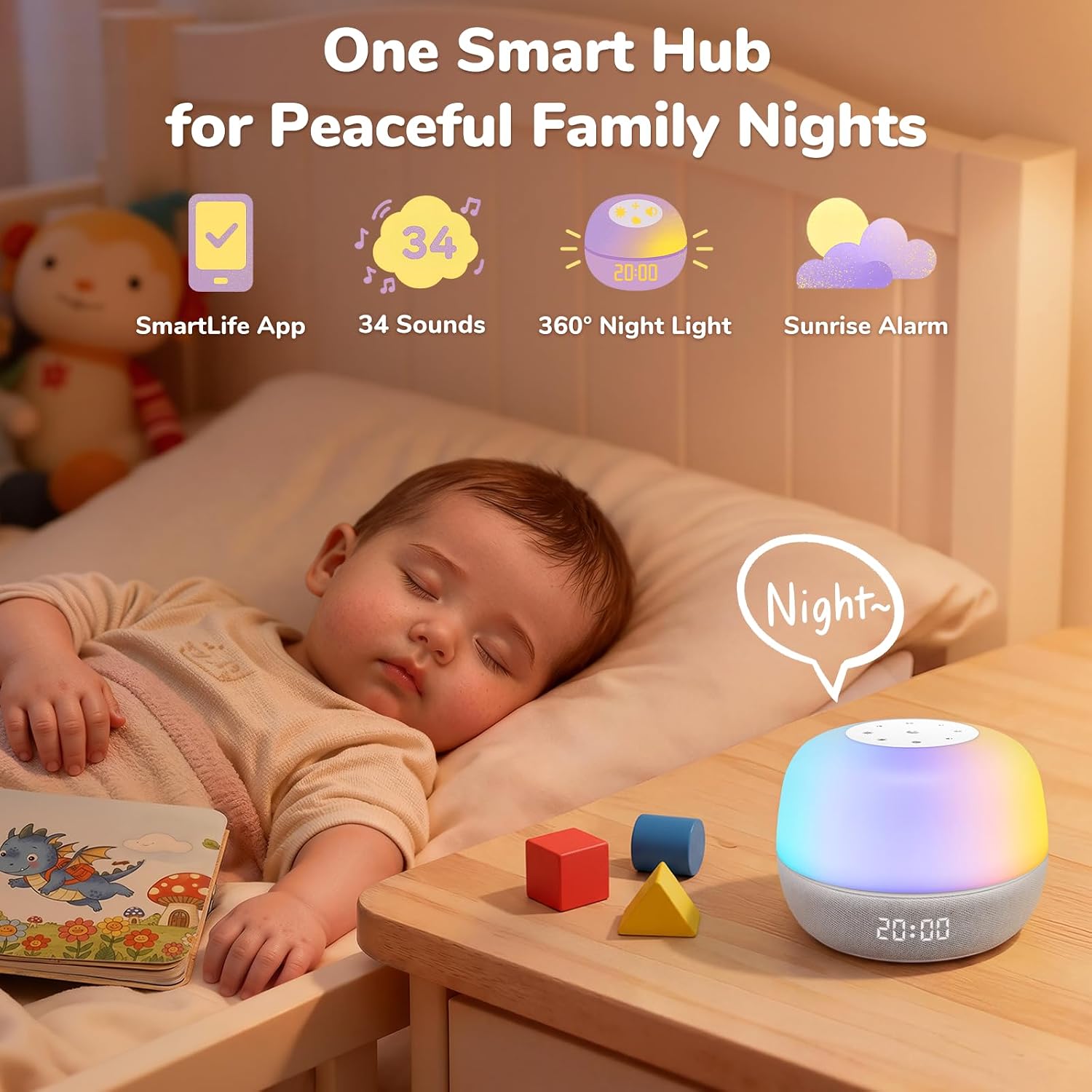 2025 Mom's Choice Awards | Sound Machine Baby White Noise Machine with Sunrise Alarm Clock & App Control – 360° RGB Night Light, Sleep…