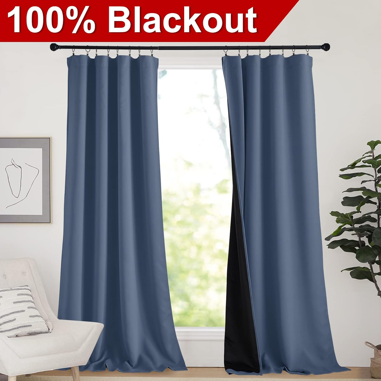 Nicetown 100% Light Blocking Curtains, Sound Proof Drapes with Black Backing, Thermal Insulated Full Light Blocking Panels for Patio Slidin…