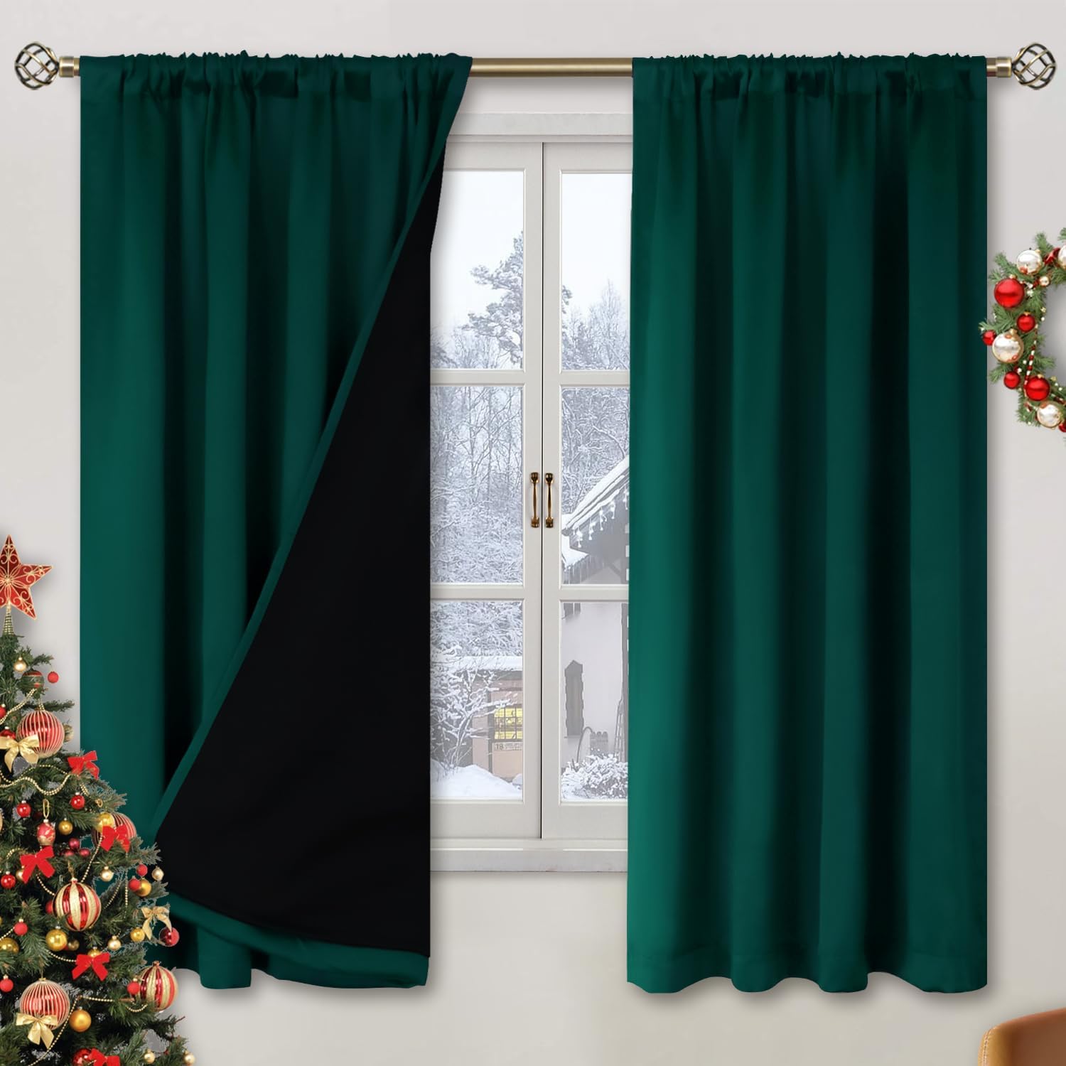 BGment Christmas Green 100% Blackout Curtains for Bedroom 63 Inches Long, Thermal Insulated Thick Heavy Full Room Darkening Noise…