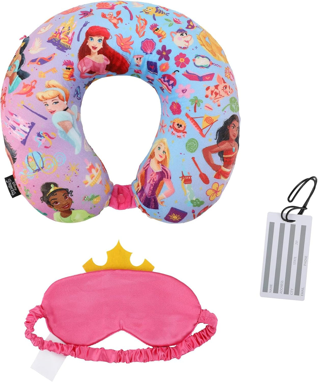 Bioworld Disney Princess 3-Piece Neck Pillow Travel Set with Eye Mask & Luggage Tag plastic Pink