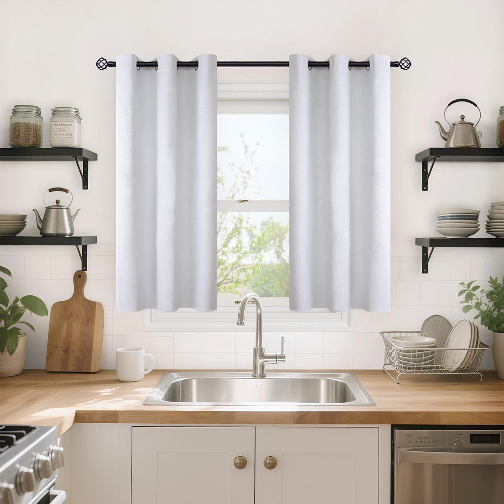 YoungsTex White Linen Blackout Kitchen Curtains 40 Inch Length, Short Thermal Insulated Black Out Drapes with Grommet Privacy for Bathroom…