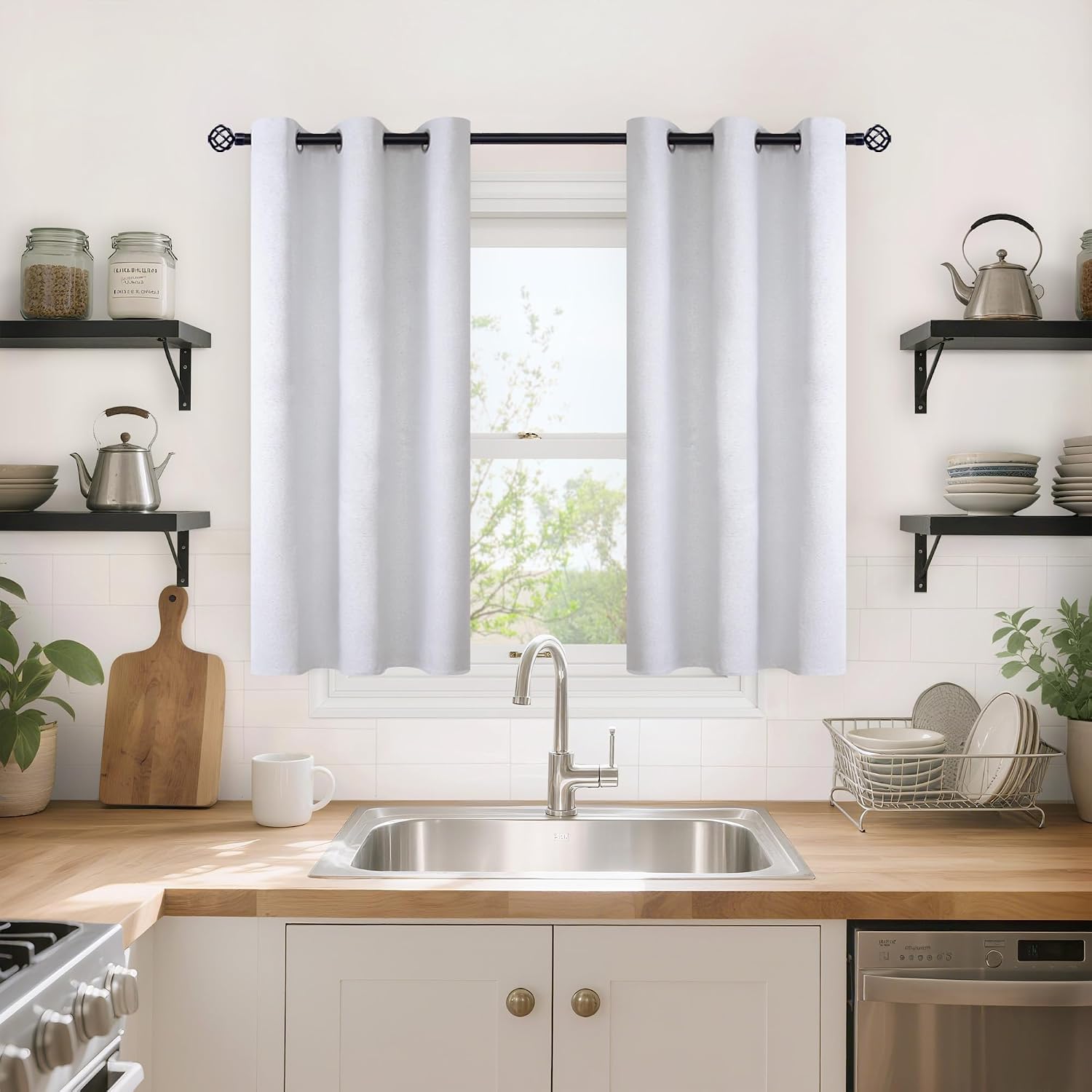 YoungsTex White Linen Blackout Kitchen Curtains 40 Inch Length, Short Thermal Insulated Black Out Drapes with Grommet Privacy for Bathroom…