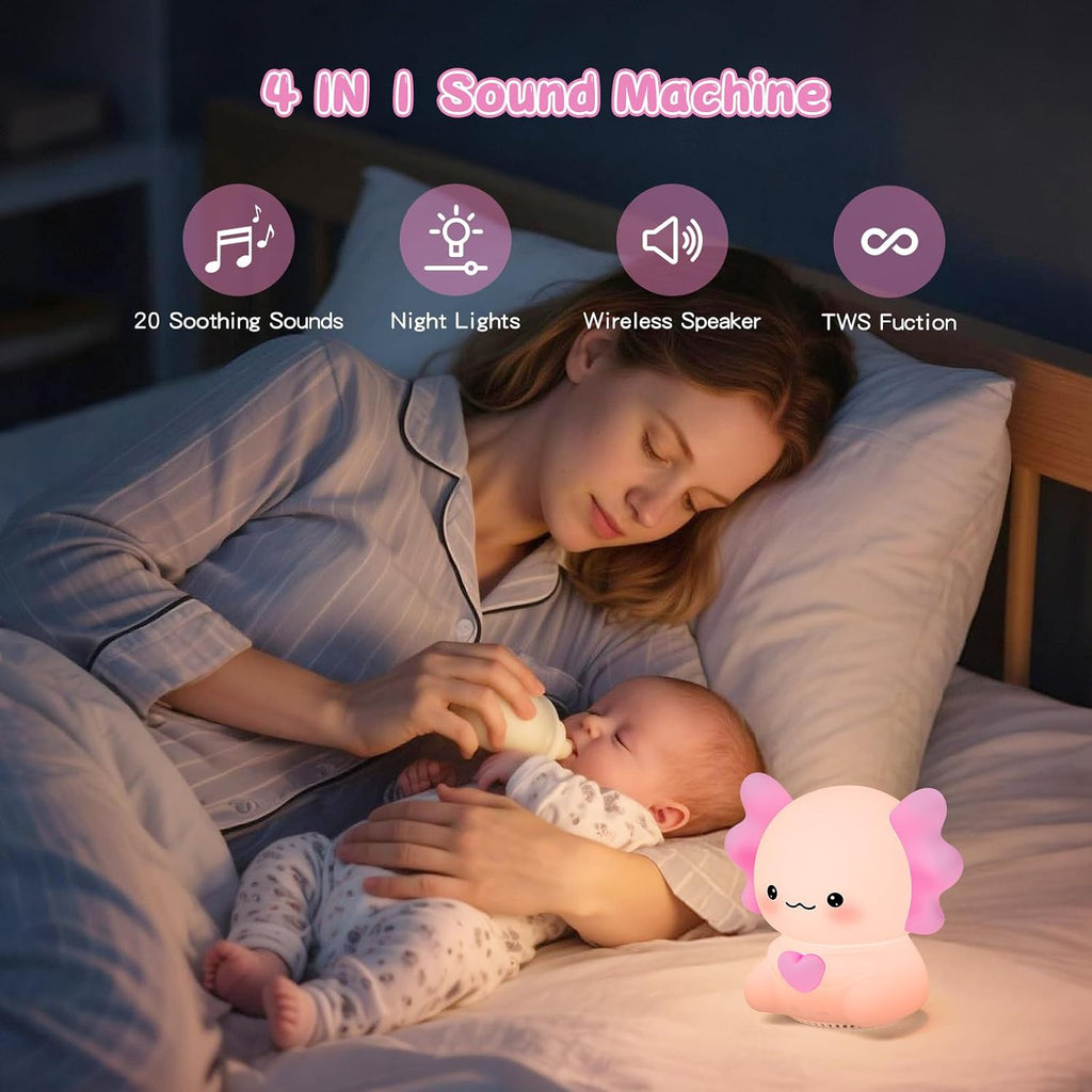 Icarerfamily Axolotl White Noise Machine for Baby Sleep - Portable Night Light Sound Soother with 20 Sleep Sounds, Wireless Speaker, Color…