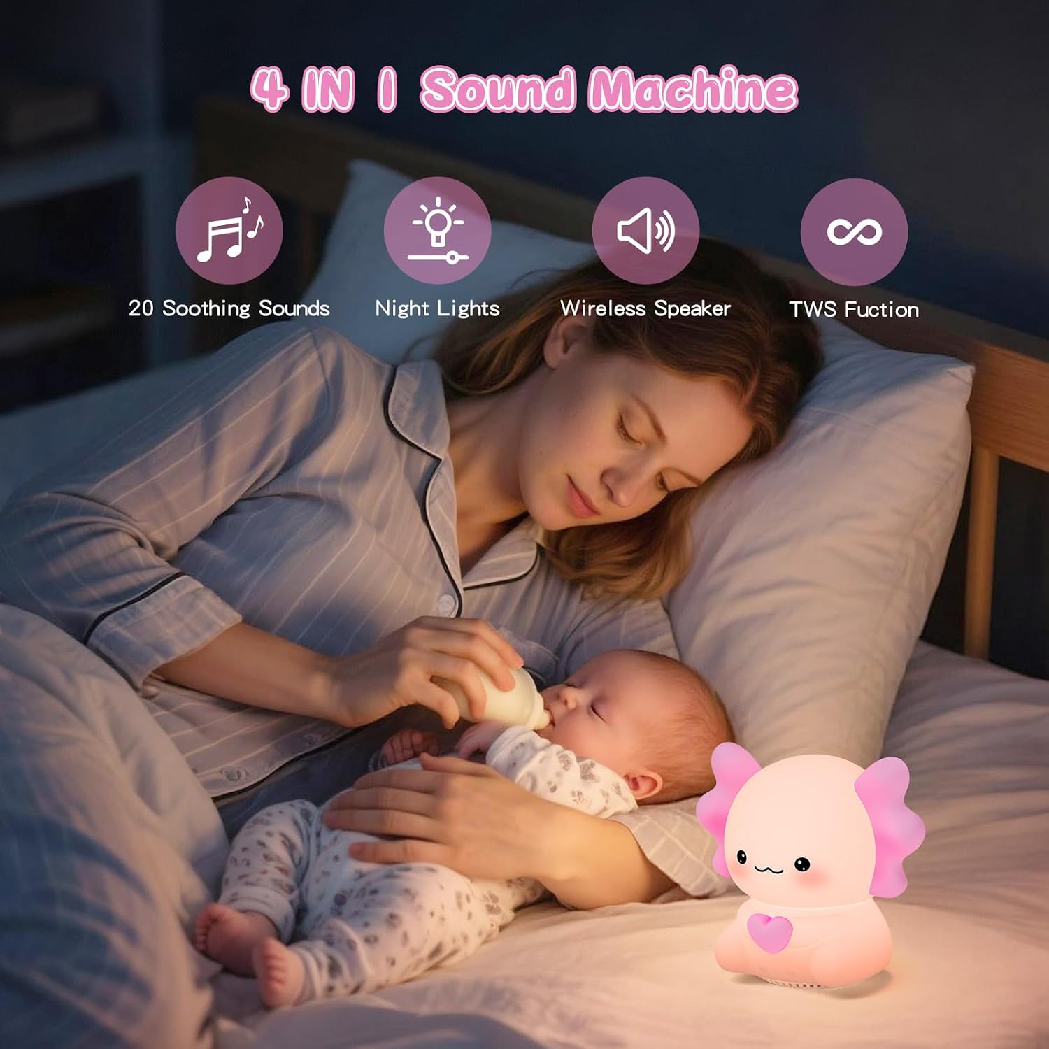 Icarerfamily Axolotl White Noise Machine for Baby Sleep - Portable Night Light Sound Soother with 20 Sleep Sounds, Wireless Speaker, Color…