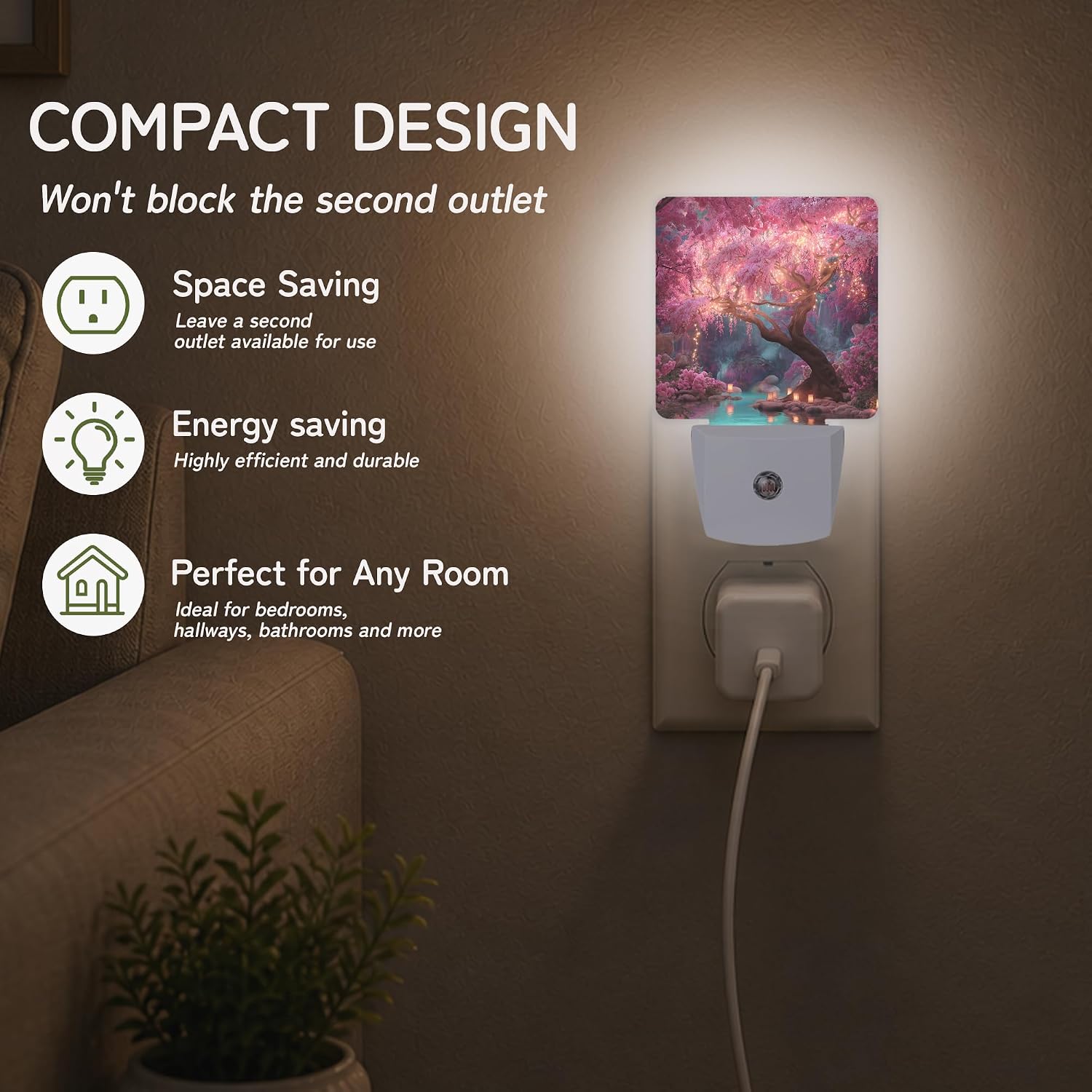 Night Light, Enchanted Pink Tree Night Lights Plug into Wall for Bedroom Bathroom Hallway Kitchen, Dusk to Dawn Sensor Decorative Gift…