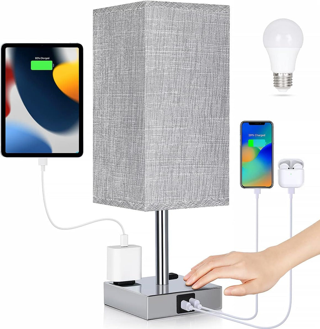 Bedside Lamp with USB Ports - Touch Control Table Lamp for Bedroom with USB C+A Charging Ports & AC Outlets, 3 Way Dimmable Nightstand…