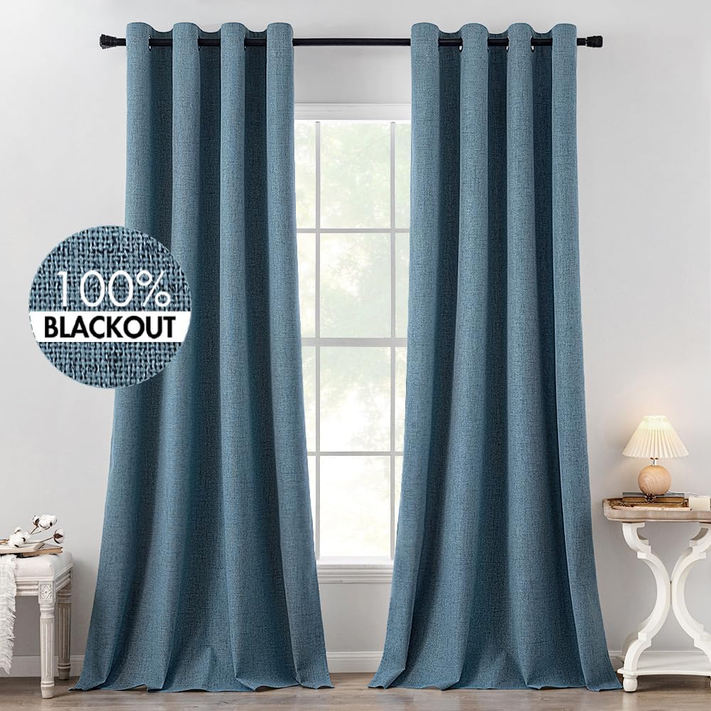 Miulee Linen Texture Curtains for Bedroom Solid Blackout Thermal Insulated Dusty Blue Curtains Grommet Room Darkening Draperies for Living…