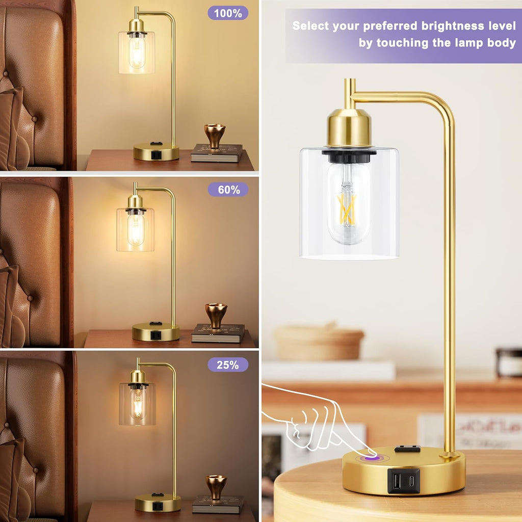 Innqoo Industrial Gold Table Lamp for Bedrooms Set of 2-3-Way Dimmable Desk Lamp with USB C+A Ports and Outlet, Gold Lamps with Clear…