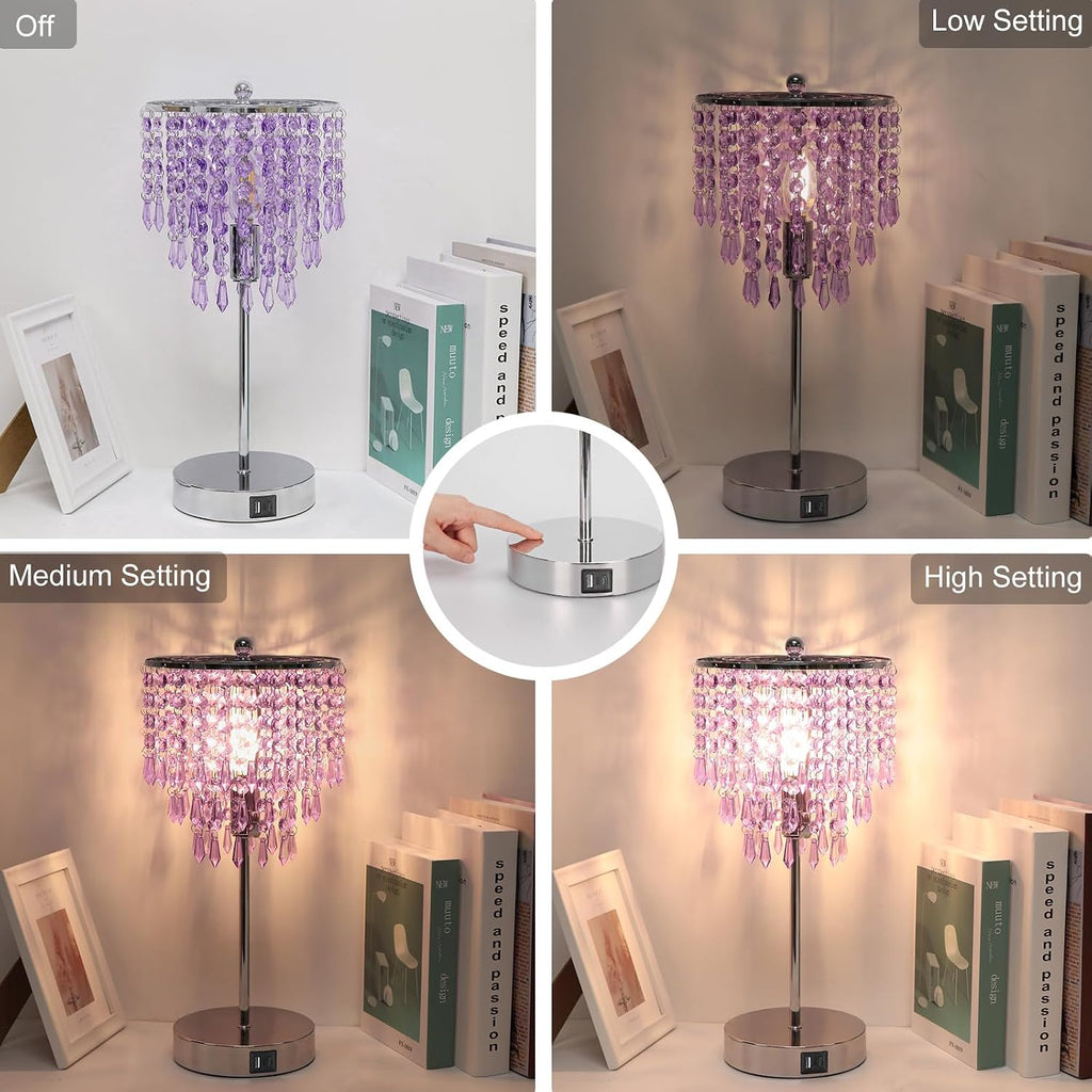 USB Bedside Crystal Lamp, 3 Way Dimmable Touch Nightstand Lamp with Dual USB Charging Ports, Lavender Table Lamp Decorative Accent Lamp…