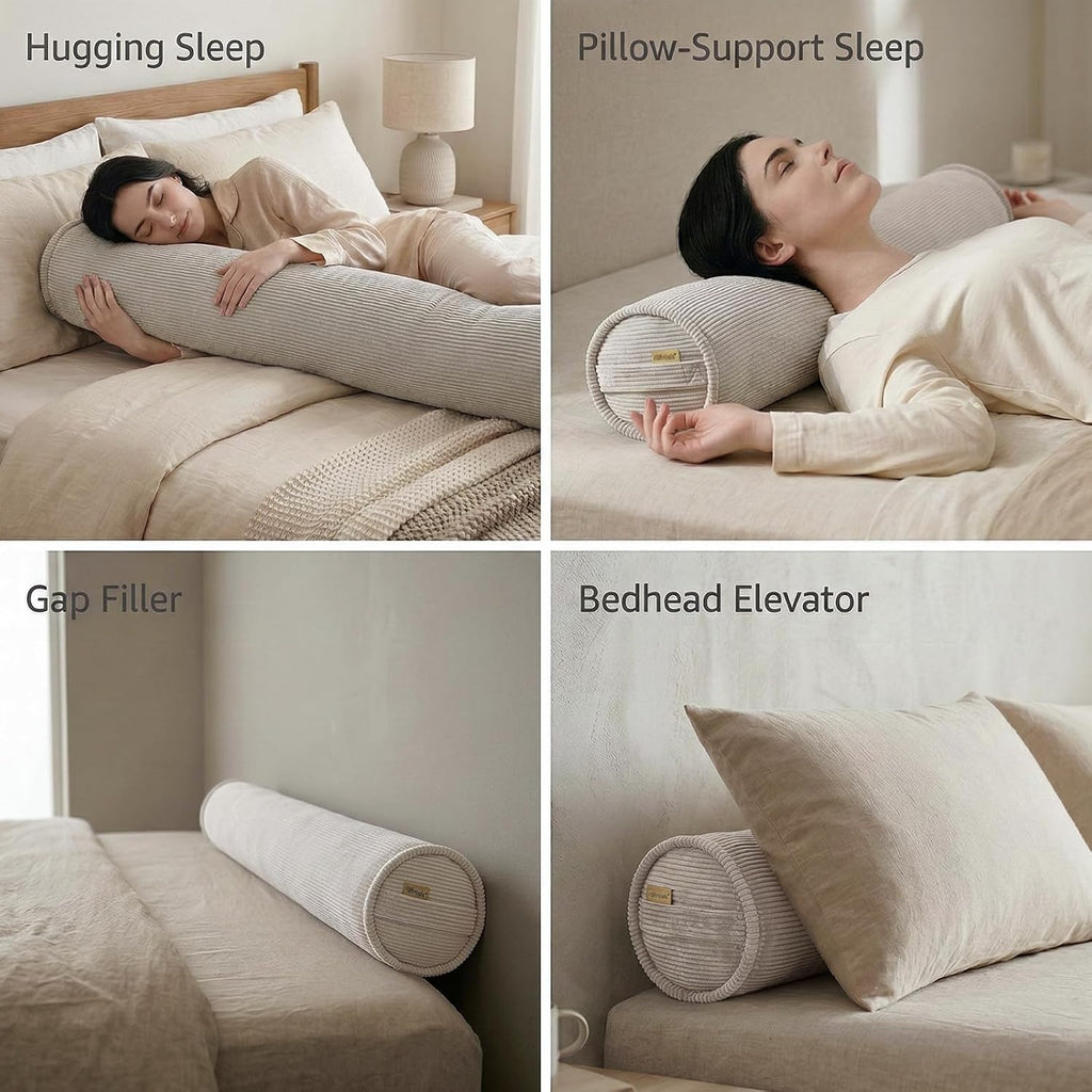 Long Bolster Pillow for Bed – Soft Corduroy Body Pillow for Adults, Ergonomic Full-Length Support for Better Sleep,47 x 7.87 Inches, Beige…