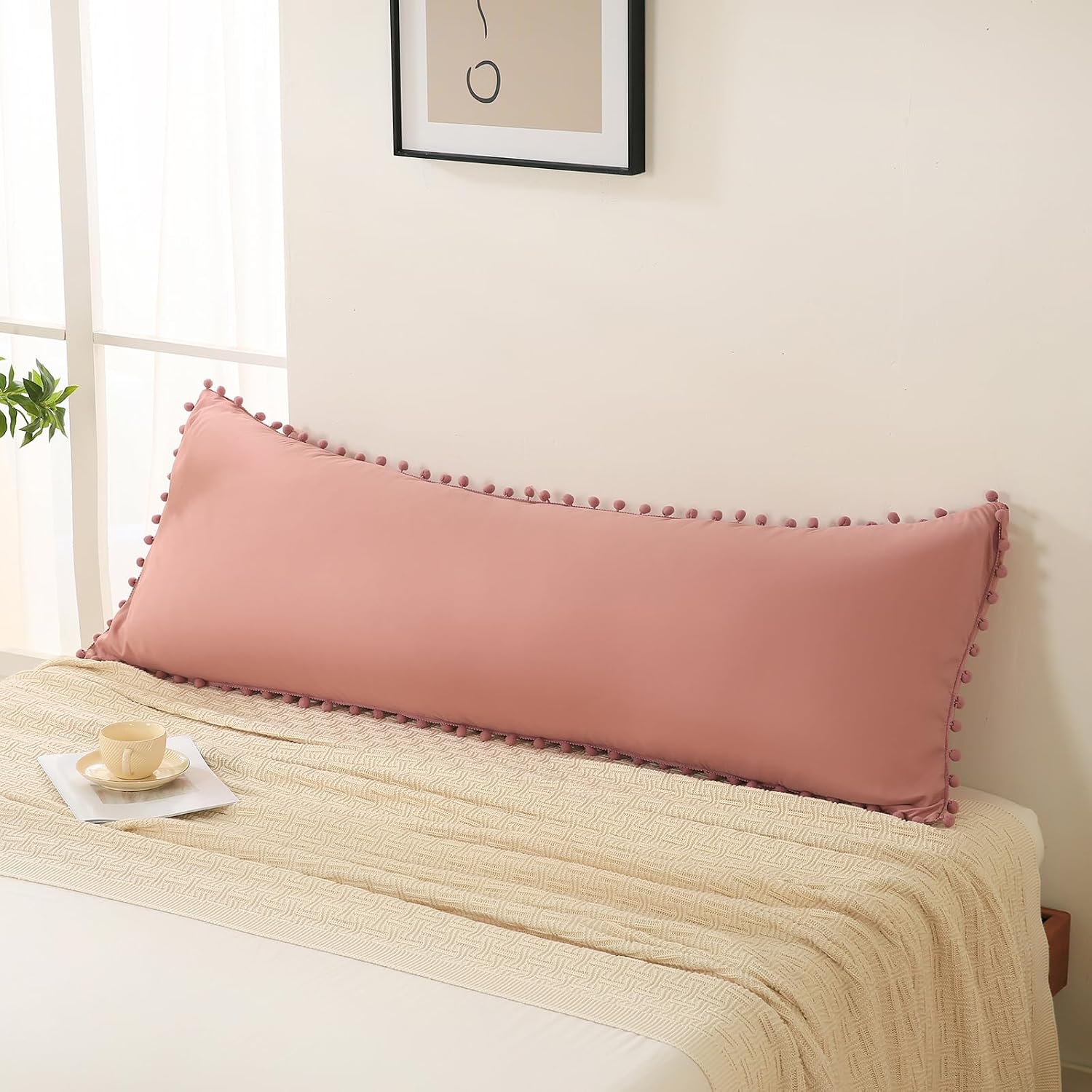 Moveover Bean Paste Pink Body Pillow Cover 20x54 Body Pillow Cover Cute Pom Poms Fringe Design Boho Chic Decor Long Pillow Case Cover with…