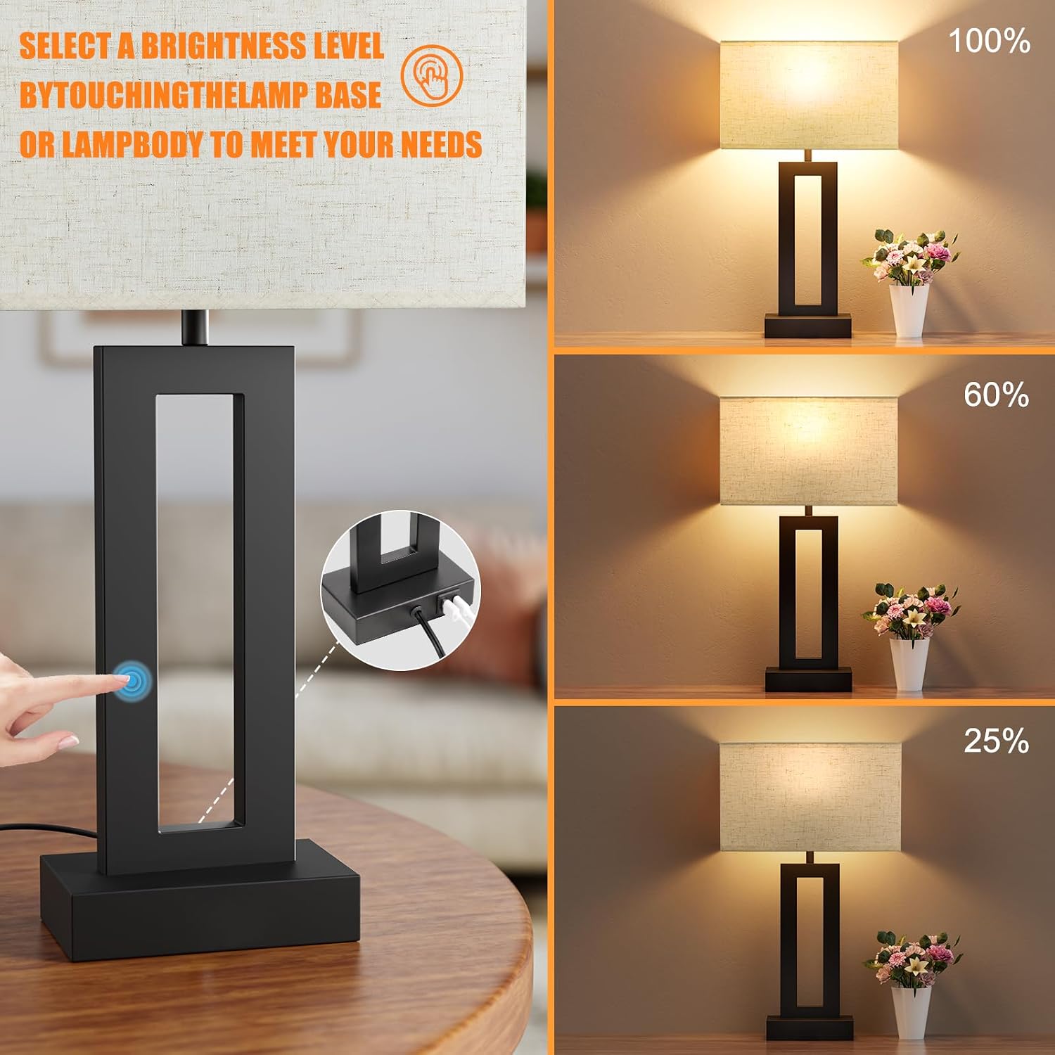 Nightstand Table Lamps for Bedrooms Set of 2 - Touch Bedside Lamp with USB C+A, 3 Way Dimmable Living Room Lamps for End Tables Set of 2…