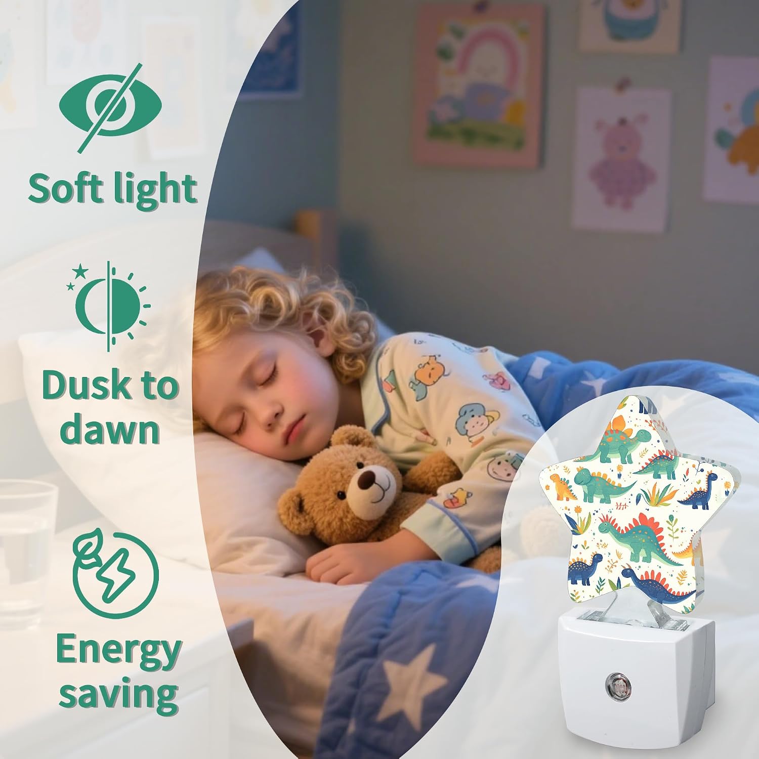Cute Dinosaur Star Night Light Plug in, Decorative Night Light for Kids Room Nursery Bedroom, Soft Glow Sensor Lamp for Hallway Bathroom…