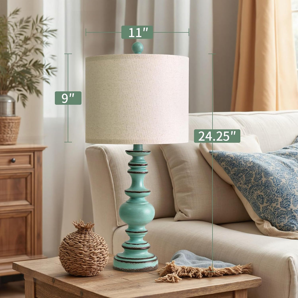 BOBOMOMO 24" Farmhouse Table Lamps Set of 2 – Distressed Teal Lamps with Linen Shades, Cottage Style Bedside Lamps for Bedroom, Living…