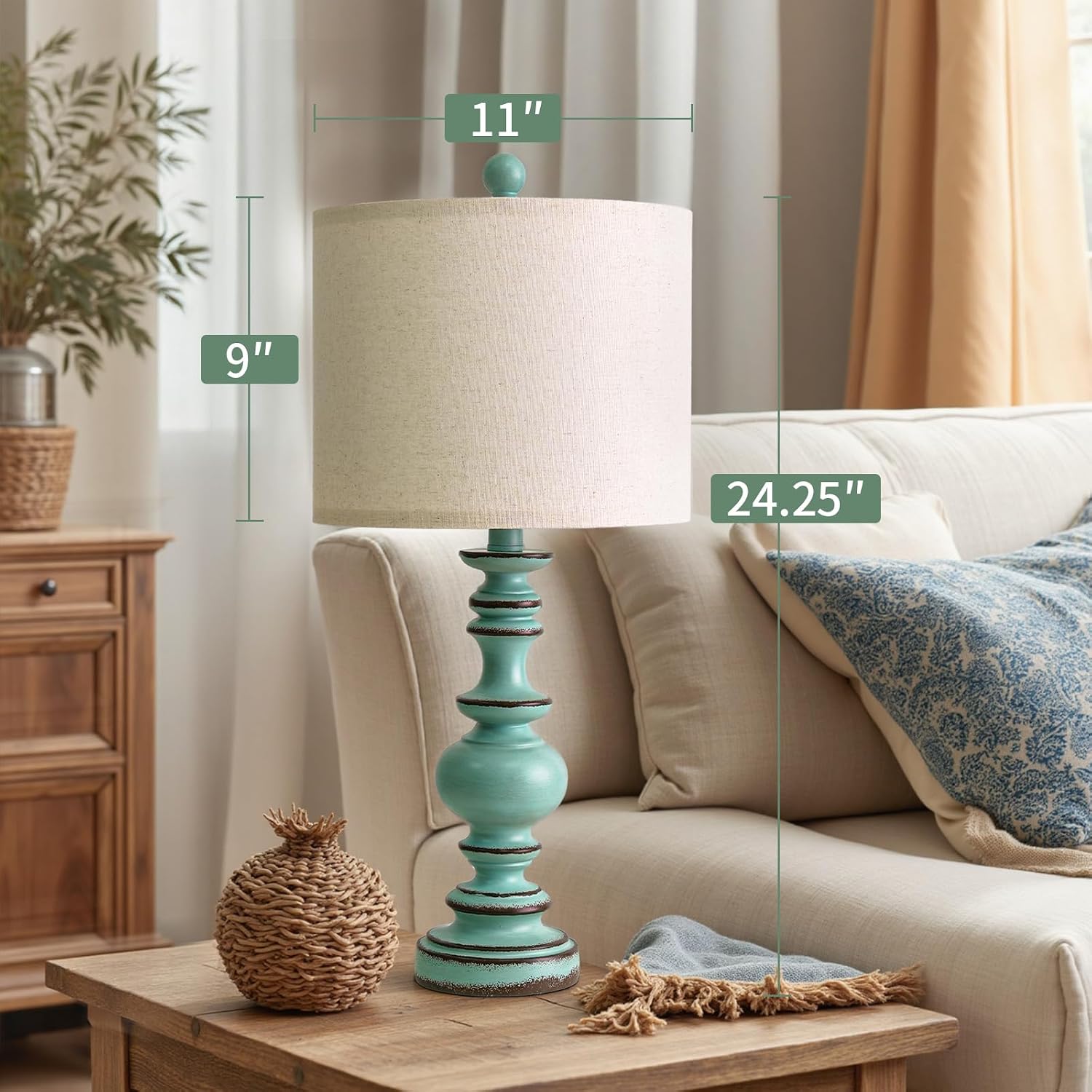 BOBOMOMO 24" Farmhouse Table Lamps Set of 2 – Distressed Teal Lamps with Linen Shades, Cottage Style Bedside Lamps for Bedroom, Living…