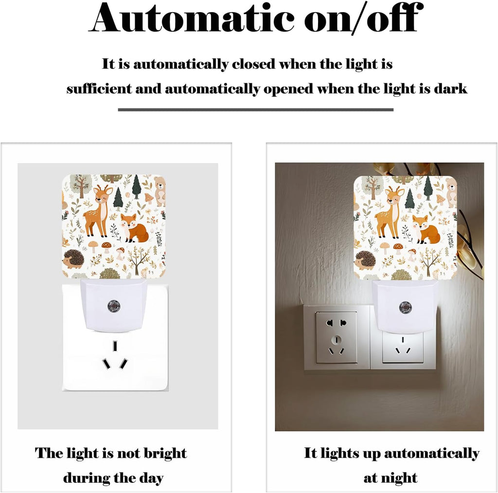 Cute Forest Animals Night Light, Deer and Fox Plug Into Wall with Dusk to Dawn Light Sensors, Warm Nightlights for Bedroom, Bathroom…