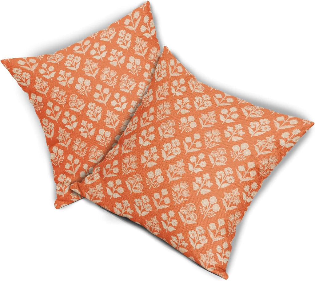 Orange Floral Block Print Pillow Covers 20x20 Inch Set of 2, Vintage Flower Pattern Decorative Throw Pillowcases Outdoor Farmhouse…