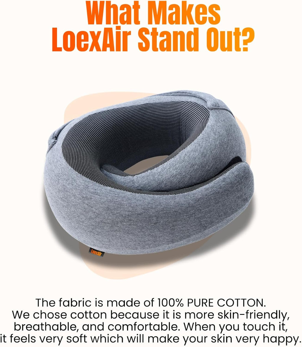 LOEXAIRTM Hooded Pro Travel Pillow - Memory Foam Neck Support Pillow for Airplane, Flight - Super-Soft Pure Cotton Fabric, Maximum Privacy…
