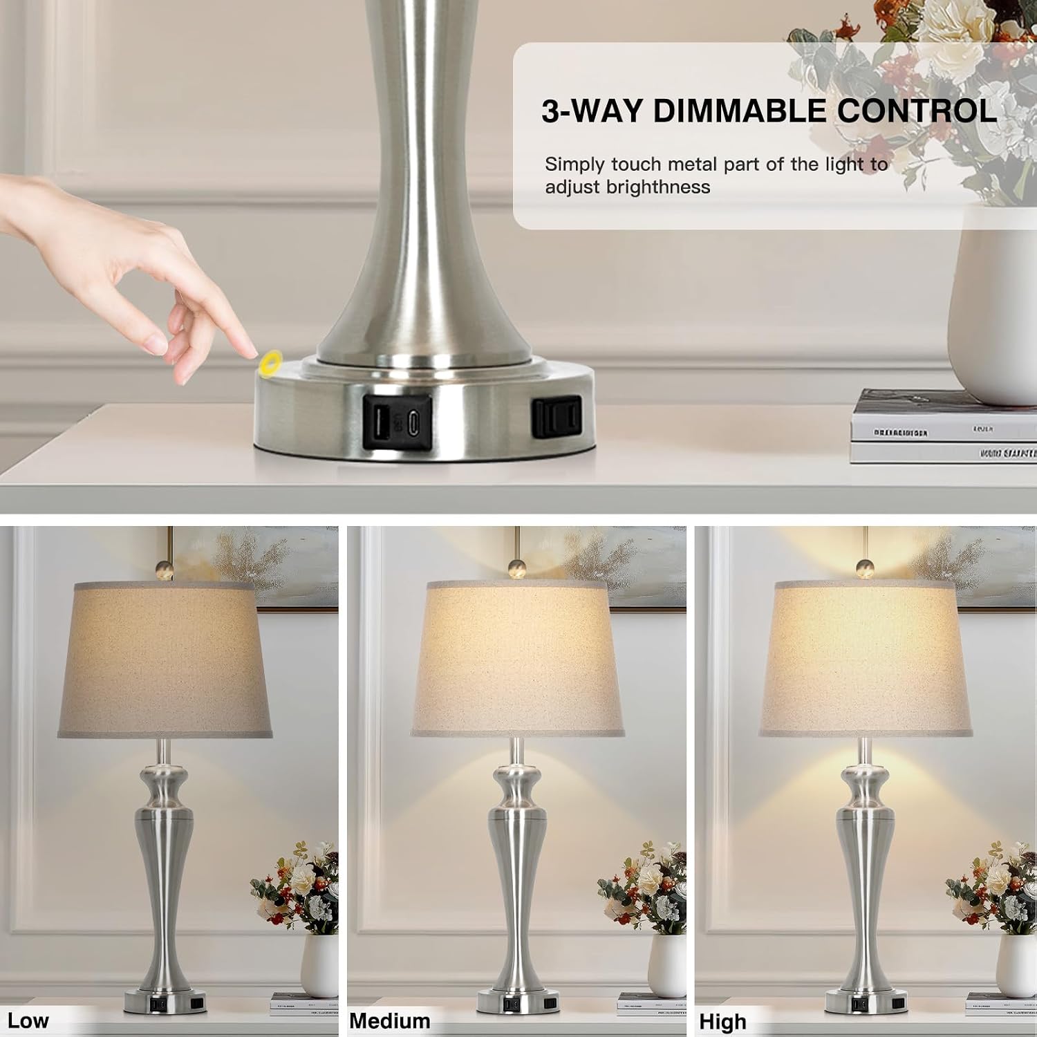 Ruzectt 30" Table Lamp, 3-Way Dimmable Touch Bedside Lamp with USB A+C Ports and AC Outlet, Tall Living Room Lamps for Side Table, Modern…