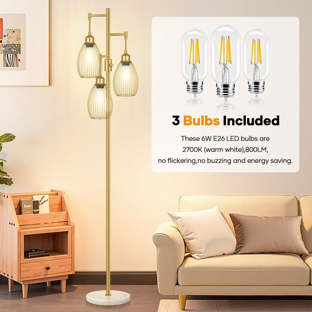Dimmable Floor Lamp,3x800LM LED Bulbs Included, Farmhouse Industrial Floor Lamp Standing Tree Lamp with Teardrop Cage Head Tall Lamp for…