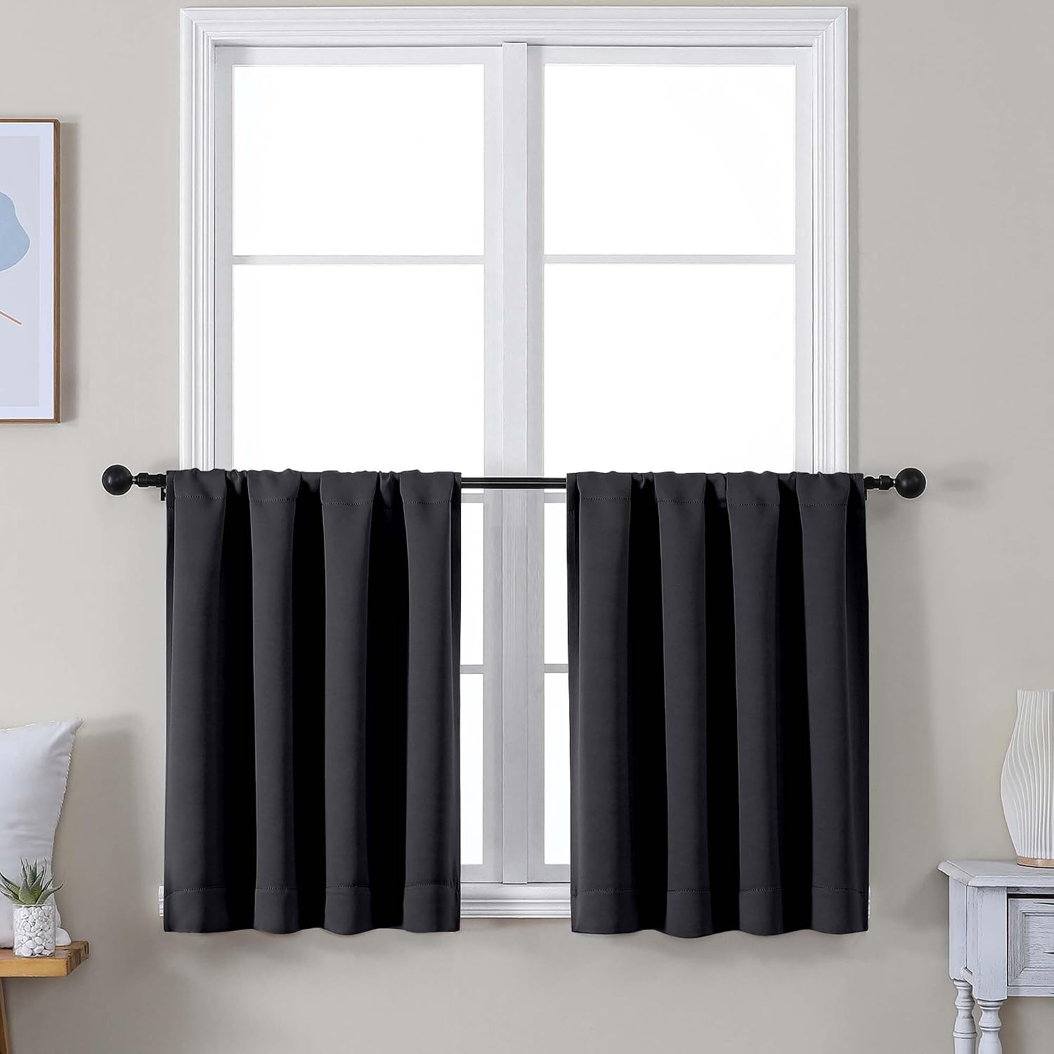Simplebrand Ava Black Short 24 Inches Blackout Curtain 2 Panels Set, Half Window Rod Pocket Privacy Curtain Tiers for Kitchen, Curtains Bla…