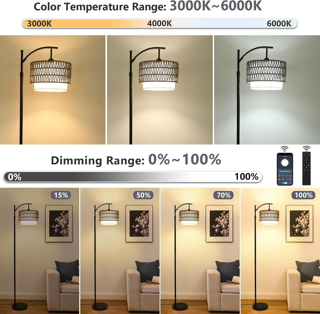 eyassi Floor Lamps for Living Room, Arc Standing Lamp with Remote & Dimmable Bulb, Boho Rattan Floor Lamp for Bedroom with 3 Color…