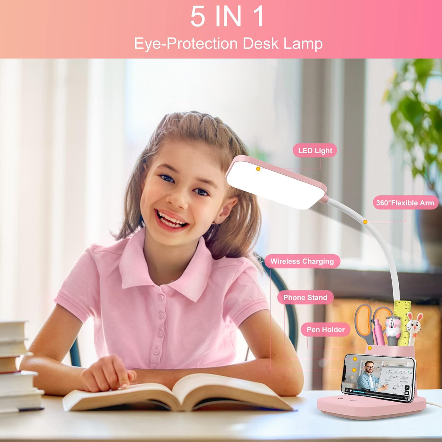 Pink Desk Lamp, Small Desk Lamp with Pen Holder, Wireless Charger LED Desk Lamps for Home Office, Kids Desk Lamps 800LM Flexible Arm 3…