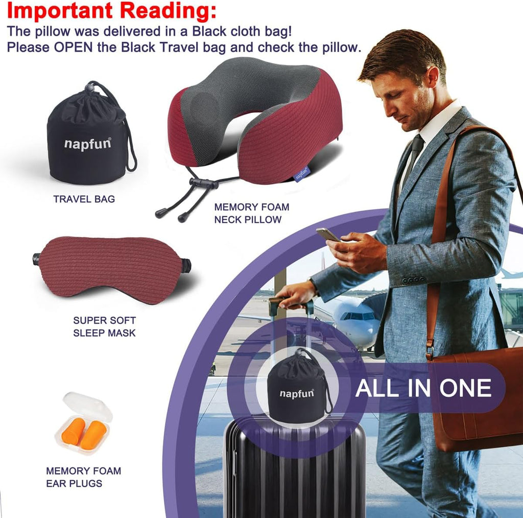 napfun Neck Pillow for Travel with Travel Pouch, Sleep Mask & Earplugs, Memory Foam Airplane Pillow for Headrest Sleep with Eyeshades…