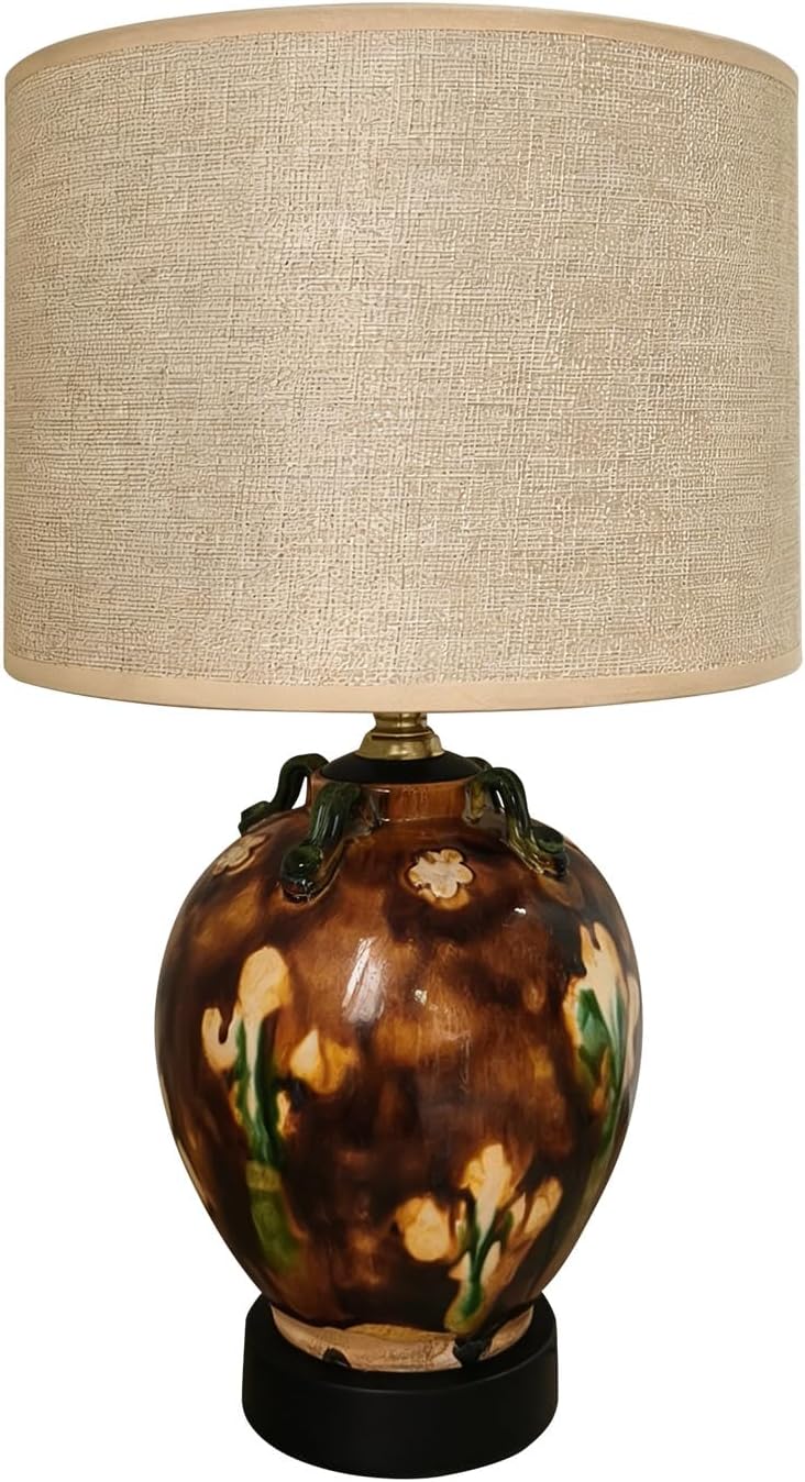 Vintage Tang Tri-Color Glazed Ceramic Style Table Lamp, Traditional Chinese Style Bedside Lamp with Linen Shade, Vintage Art Decor Lamp…