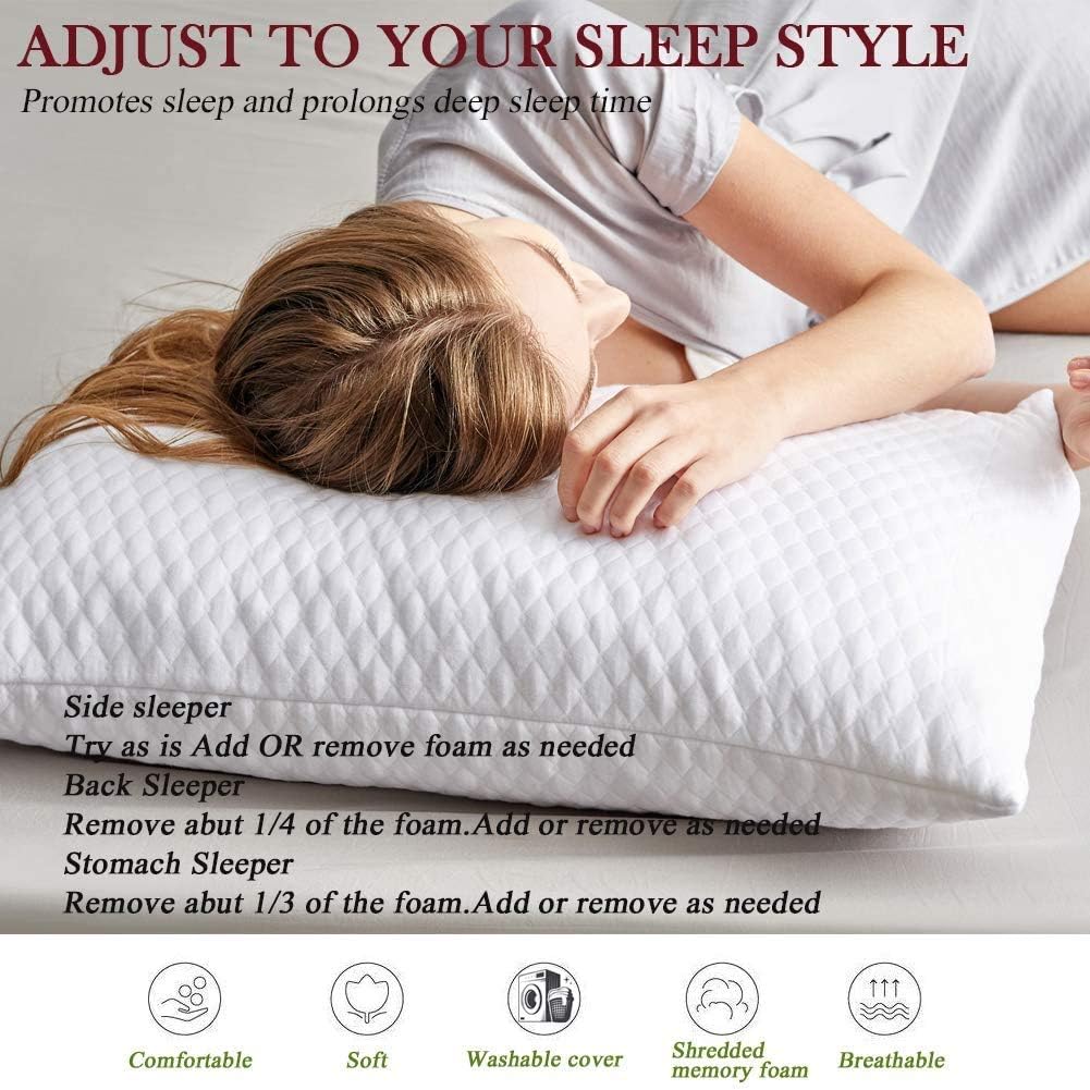 NTCOCO Shredded Memory Foam Bed Pillows for Sleeping King Size 2 Pack, with Washable Removable Hypoallergenic Sleep Pillow for Back and…