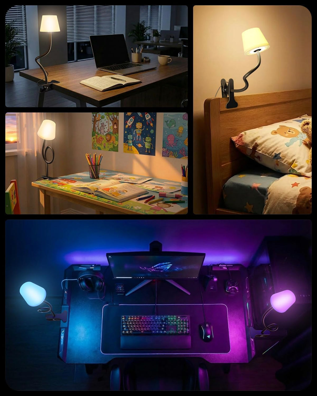 Rdzoko Clip on Light, Reading Light for Bed, RGB Lamp, Dimmable Desk Lamp with Clamp, College Dorm Room Essentials, Cute Bedside Night Ligh…