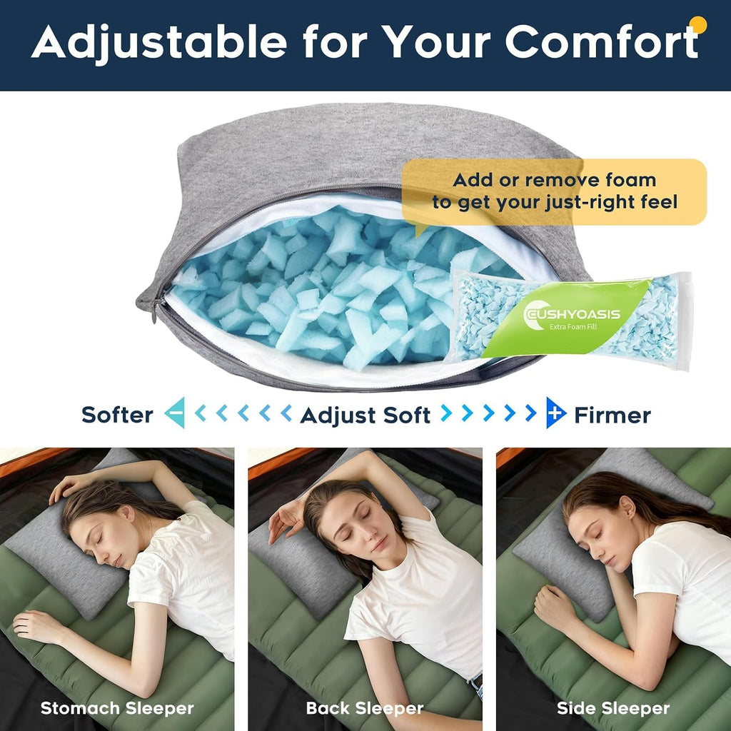 CushyOasis All-in-1 Camping Pillow Set - Shredded Memory Foam Neck Pillow Travel Pillow with Eye Mask, Earplugs, Washable Cover, Compact…